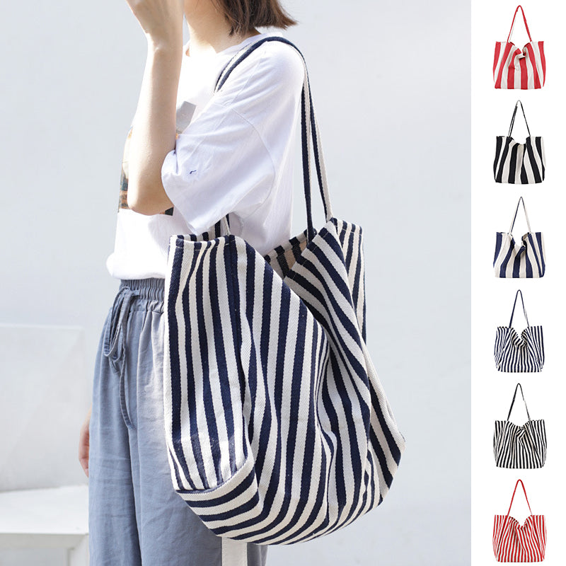 Stylish Striped Canvas Tote Bag for Women - Large Capacity Fashion Shoulder Bag - Durable Casual Shopping Tote - Perfect for Groceries, Beach Trips & Daily Essentials