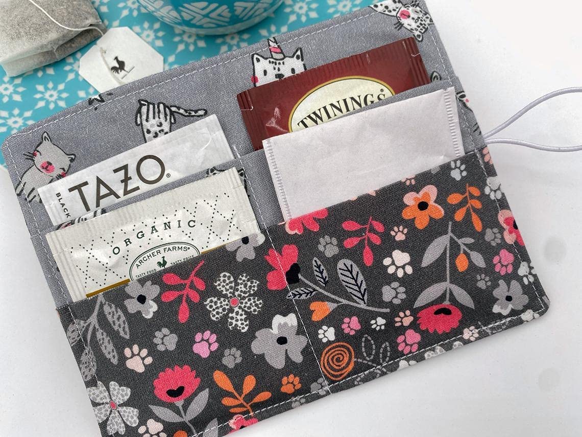 Floral Kitty Gray Tea Bag Organizer Wallet Case - Portable Storage for Tea Bags, Perfect for Travel, Office & Home Use