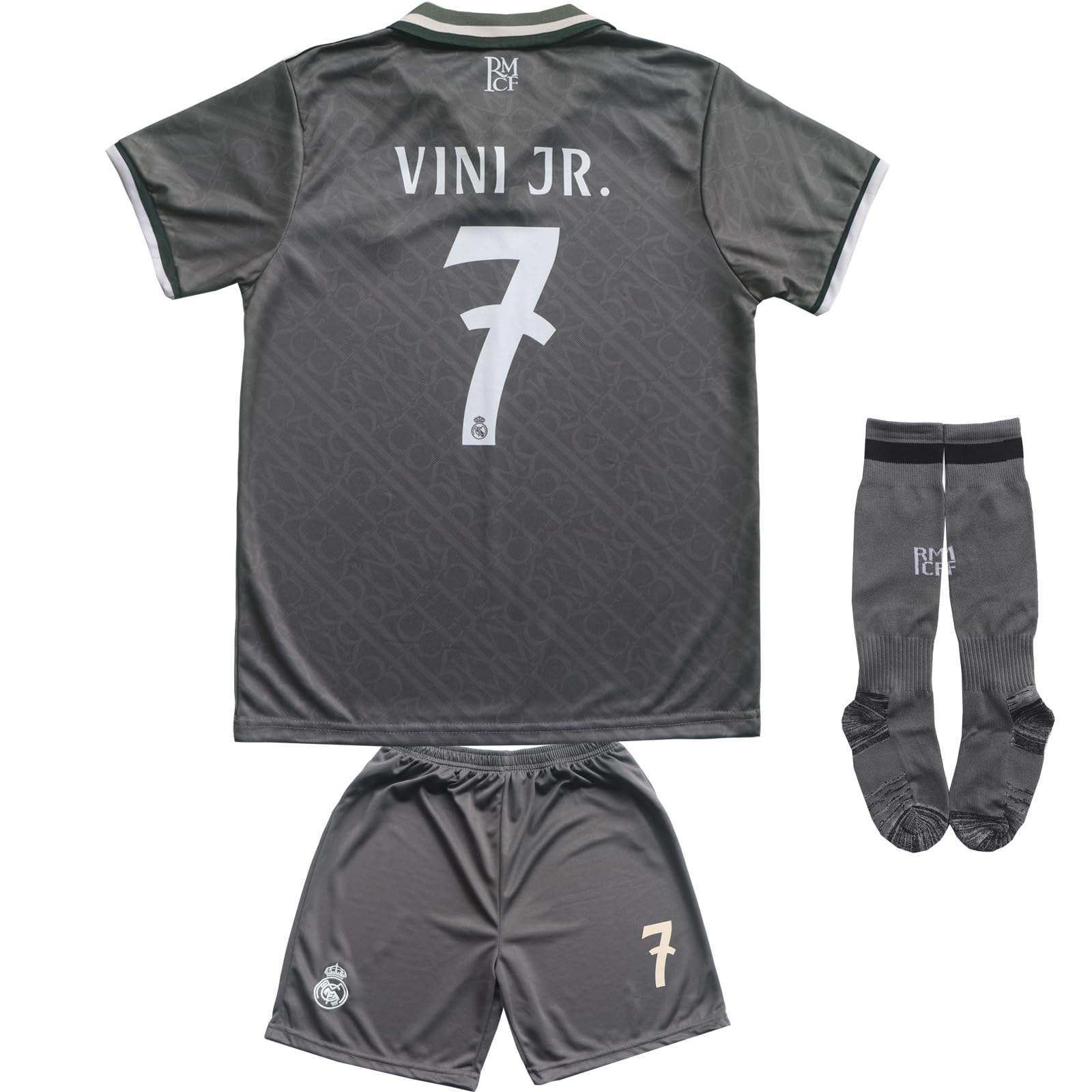LeenBD Vinicius Jr. #7 Real Madrid Gray Third Edition Kids Soccer Jersey & Socks Set - Youth Sizes for Football Training & Match Day