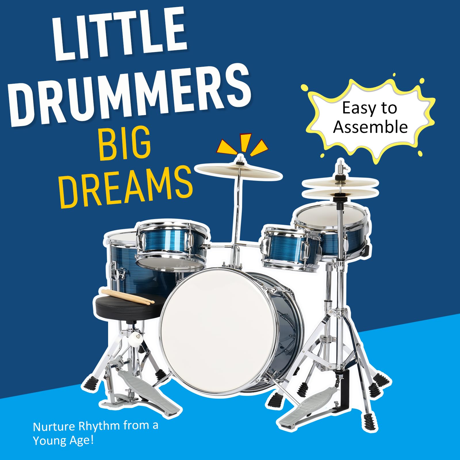 **Ktaxon 5-Piece Complete Junior Drum Set for Kids – 14 Inch Beginner Drum Kit with Throne Stool, Pedal, Drumsticks & Cymbals (Hi-Hat, Floor, Tom, Snare) – Brushed Blue – Perfect for Home Practice, Music Lessons & Kids' Performances**