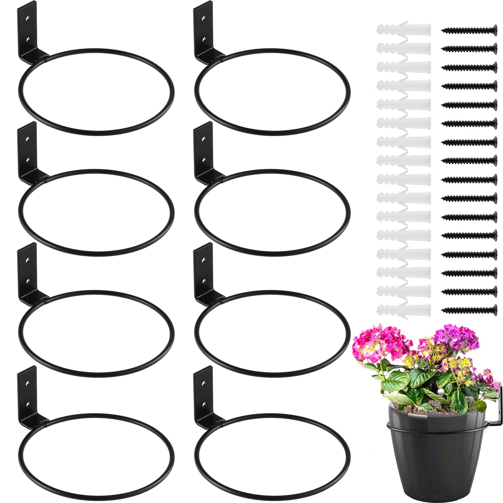 8-Pack 6 Inch Black Metal Flower Pot Holder Rings - Wall Mounted Plant Hangers for Indoor Outdoor Garden Pots - Perfect for Balcony, Patio, and Home Decor