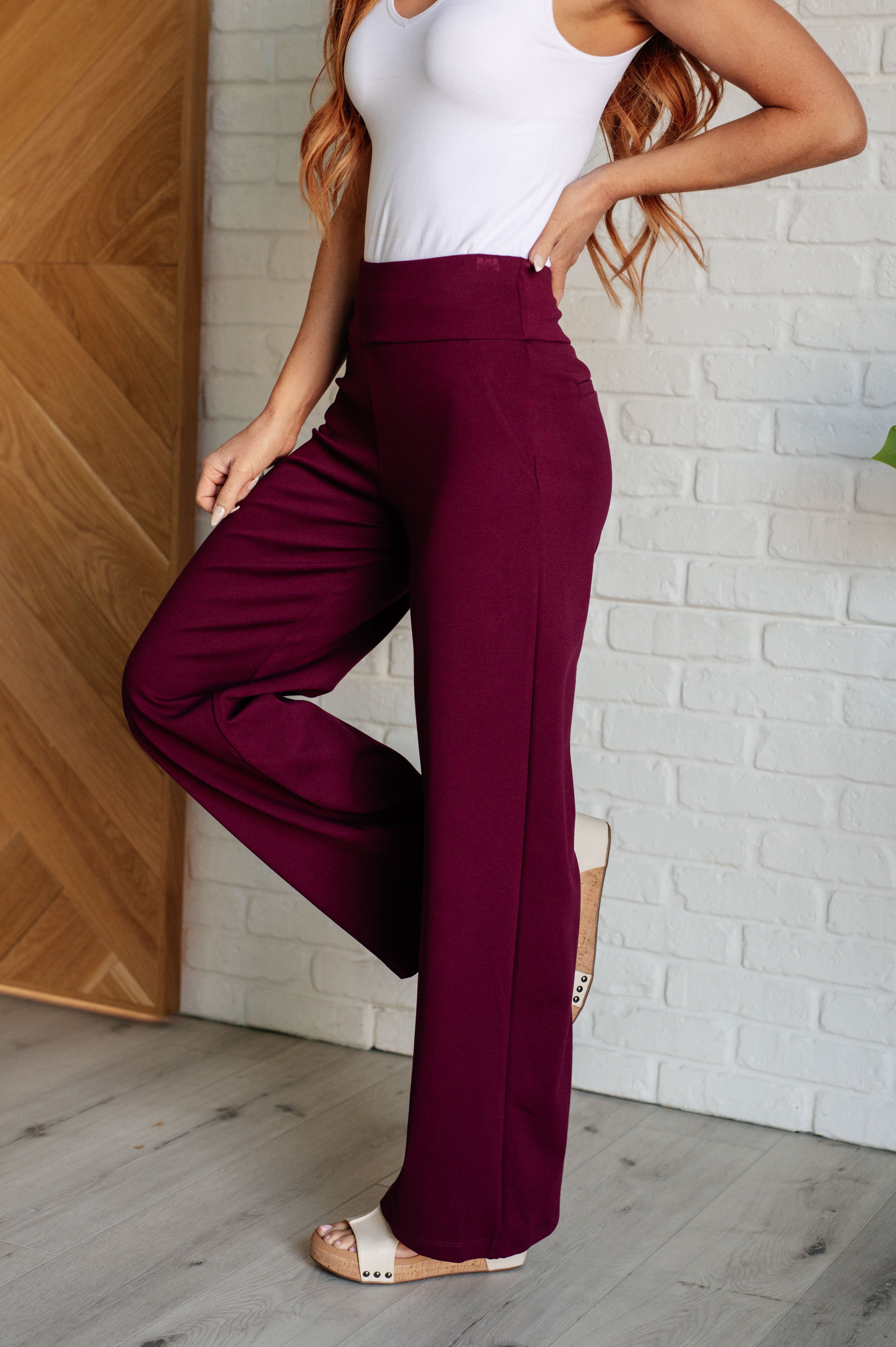 Magic Wide Leg Pants for Women - Comfortable High Waisted Palazzo Trousers in Wine Red | Perfect for Work, Travel & Casual Outfits
