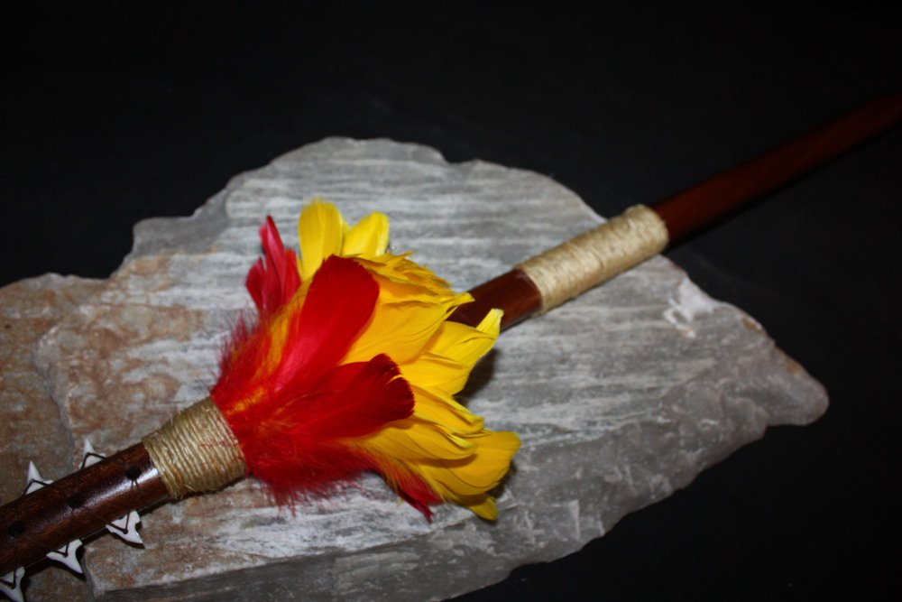 Tikimaster 32-Inch Koa Wood Spear with 10 Shark Teeth & Red/Yellow Feathers - Hawaiian Tribal Weapon for Cosplay, Home Decor, and Cultural Displays