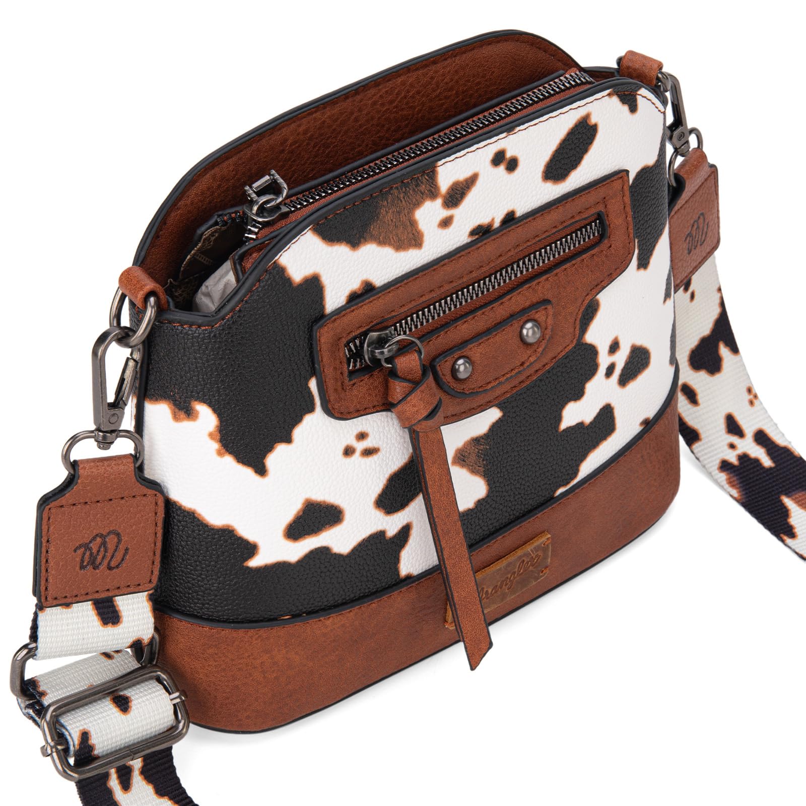 Wrangler Women's Cow Print Crossbody Bag - Western Style Leather Purse with Signature Strap for Everyday Use, Travel & Country Music Festivals