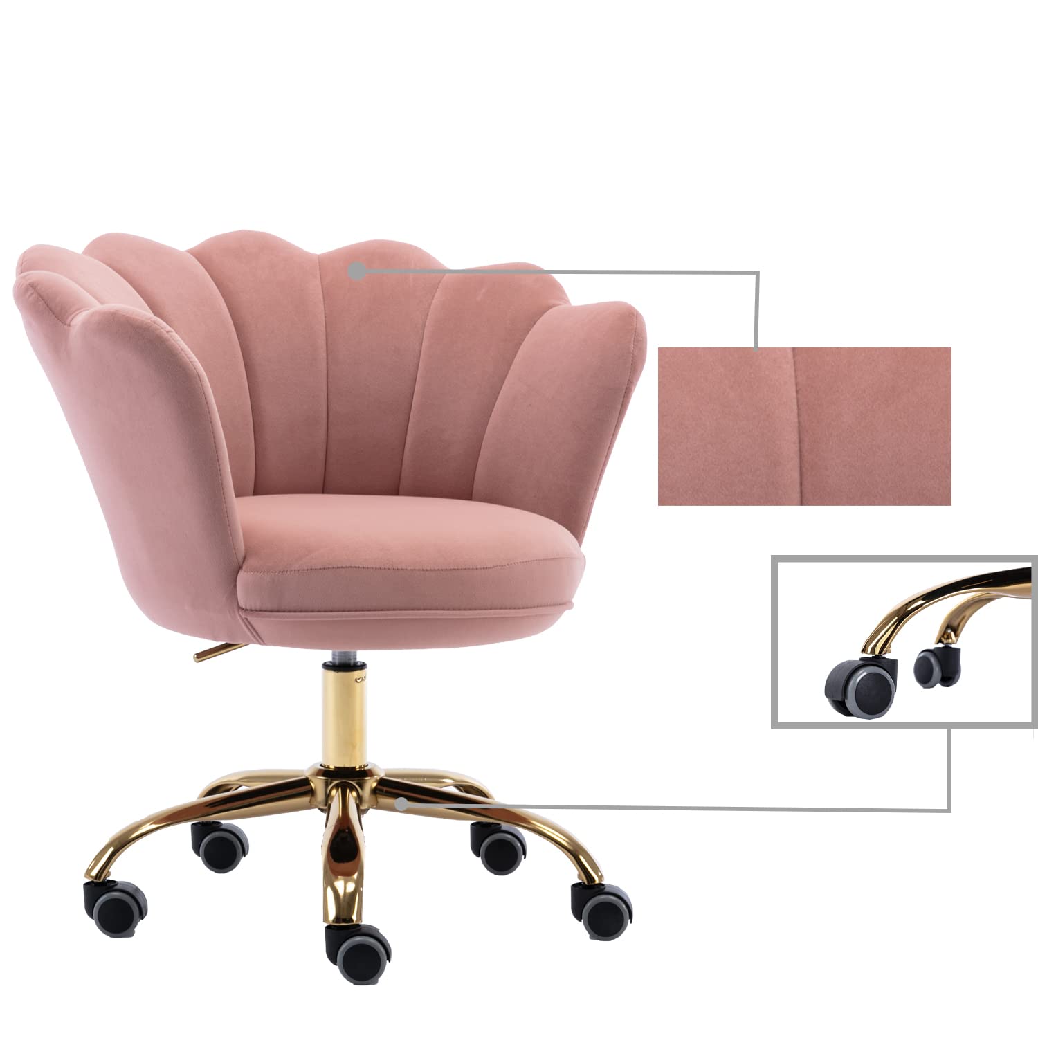 Modern Velvet Home Office Chair with Wheels & Swivel - Adjustable Height Desk Chair for Work, Study, Makeup Vanity - Pink Task Chair for Living Room, Bedroom & Home Office
