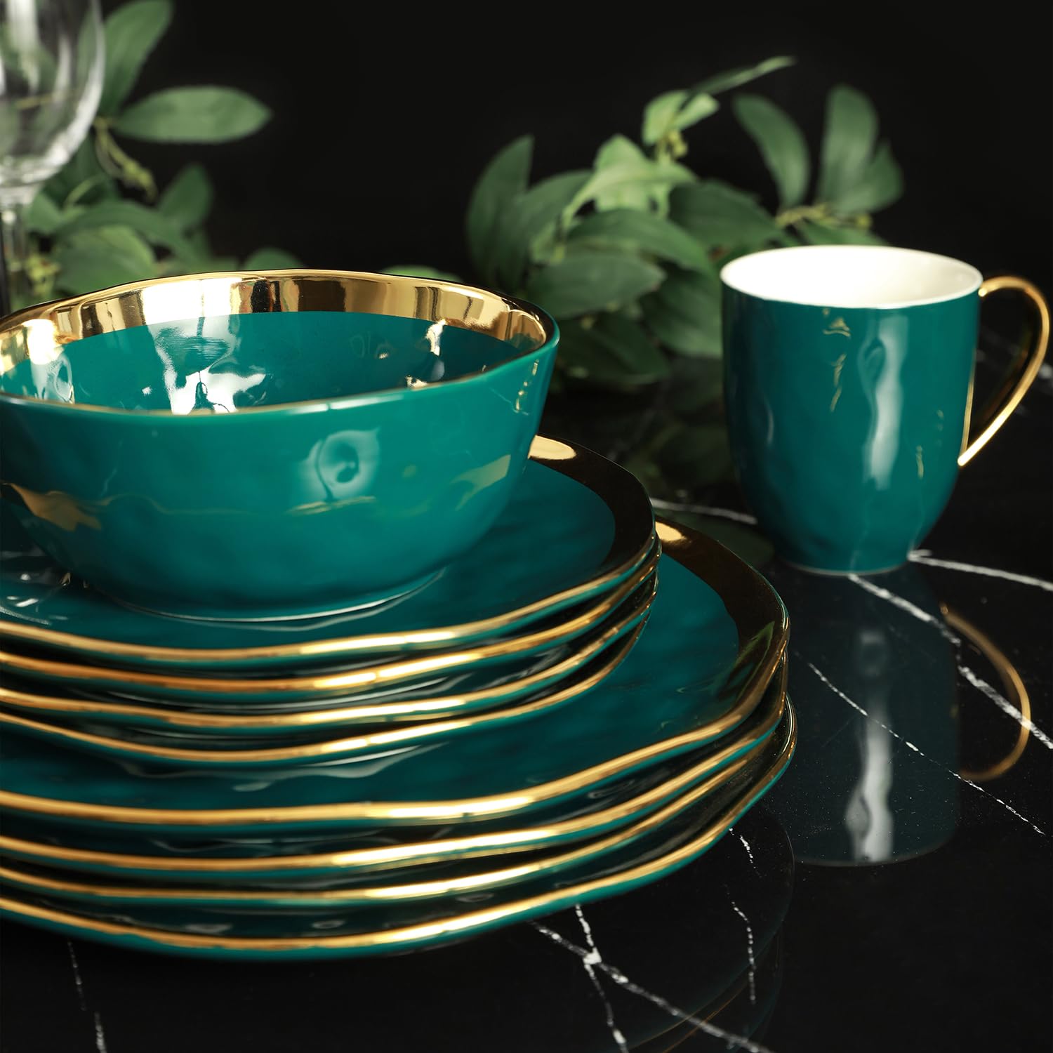 Florian Modern Porcelain 16-Piece Dinnerware Set - Green & Gold Rim Plates & Bowls for 4 - Elegant Stone Lain Dish Set for Dining, Entertaining & Everyday Use