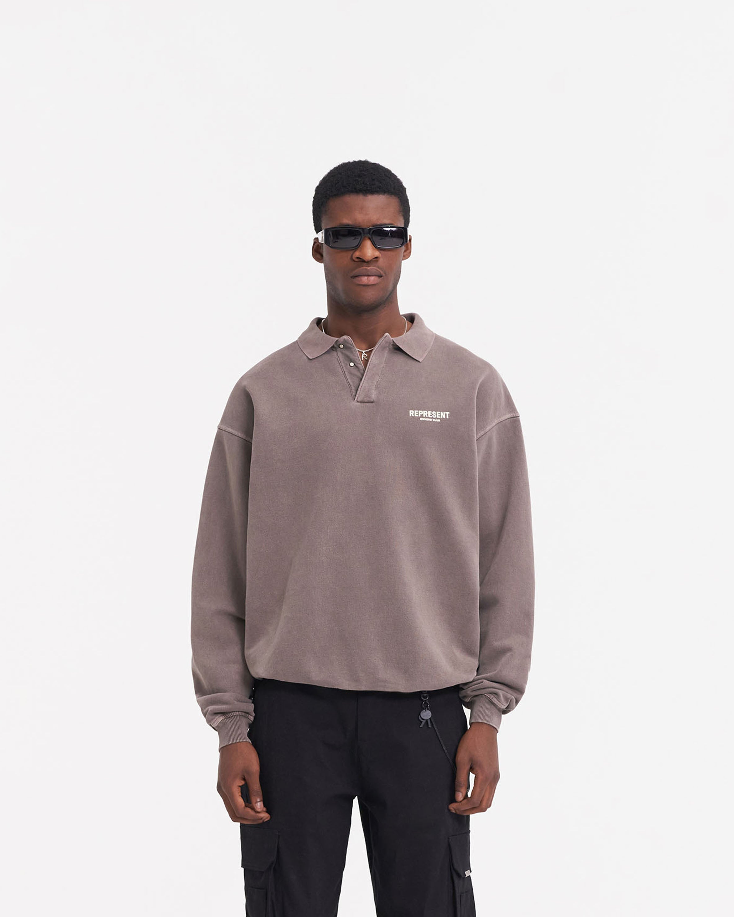 Represent Owners Club Long Sleeve Polo Sweater - Premium Cotton Blend Men's Casual Pullover (Fog Gray) | Perfect for Streetwear, Business Casual & Lounge Wear