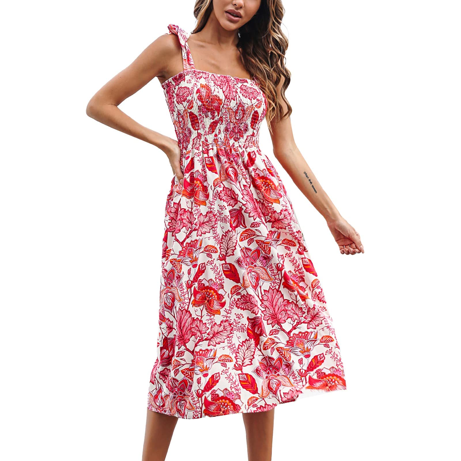 Women's Summer Boho Floral Print Tie Strap A-Line Midi Dress - Casual Beach Wedding Party Outfit for Vacation, Date Night & Outdoor Events