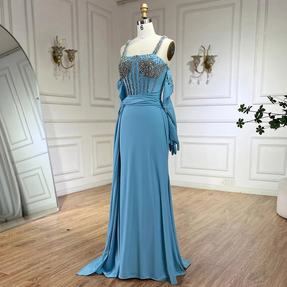 Serene Hill Dubai Luxury Evening Gown 2025 - Blue Mermaid Dress with High Slit & Spaghetti Straps - Elegant Gloves Included - Perfect for Weddings, Galas & Formal Events
