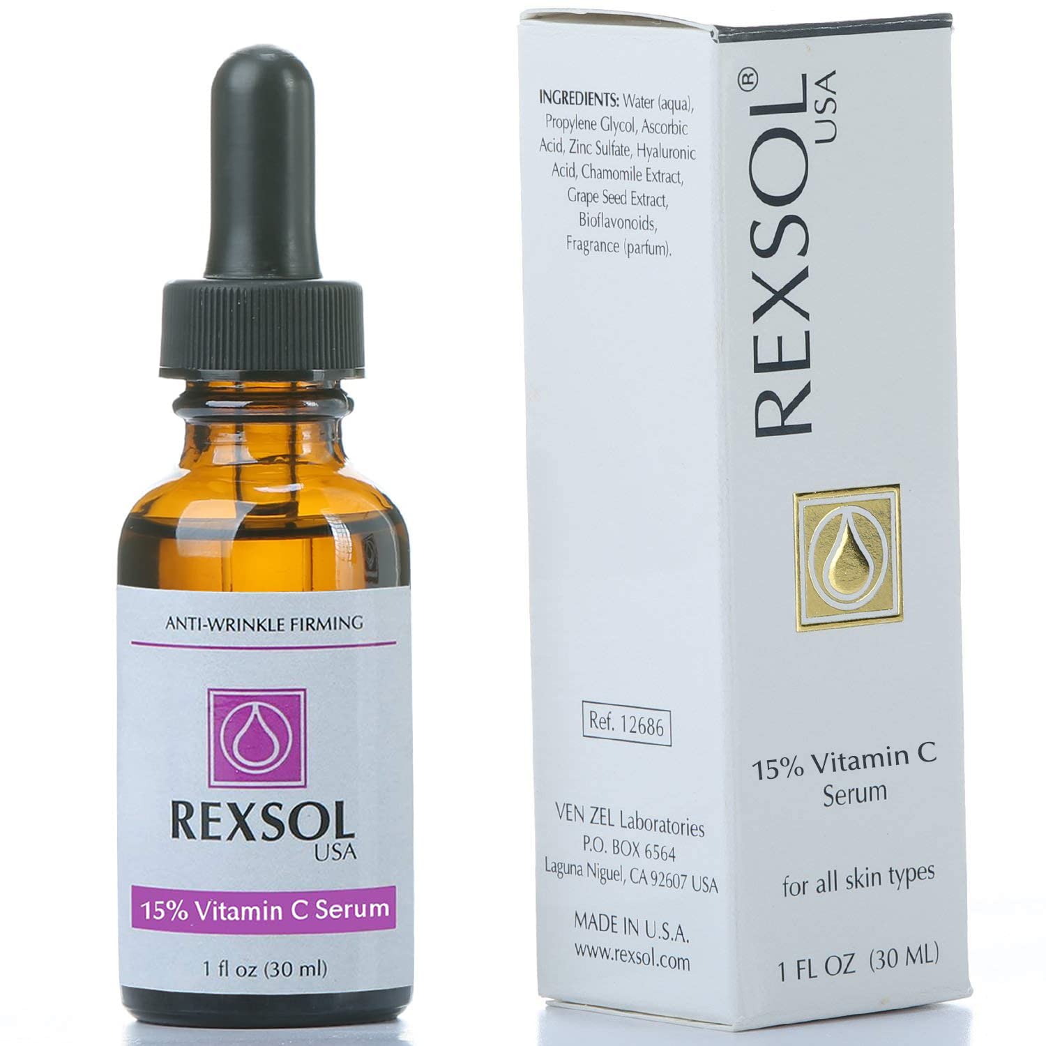 REXSOL 15% Vitamin C Serum for Face - Anti-Aging, Wrinkle Reduction & Skin Firming with Hyaluronic Acid, Chamomile & Grape Seed Extract | Brightening Antioxidant Treatment for Fine Lines & Youthful Glow | 30ml/1oz | Perfect for Morning Skincare Routine & Post-Sun Care
