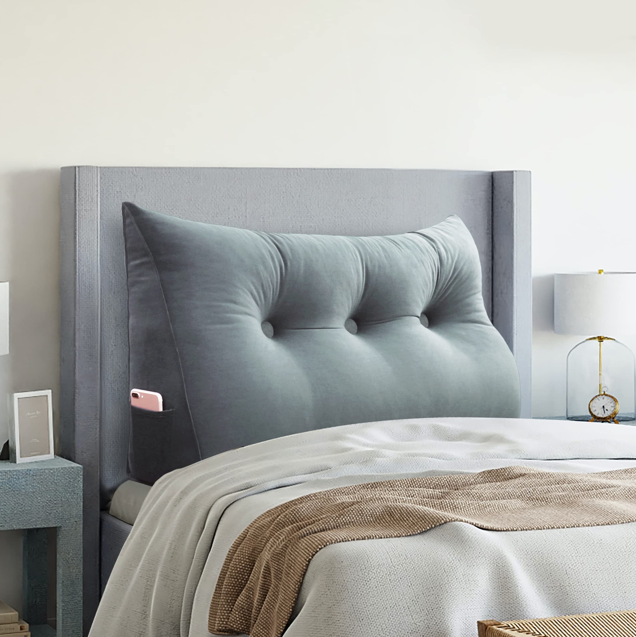 VERCART Large Velvet Wedge Pillow for Bed - 39x8x20 Inches Gray Triangular Headboard Pillow, Bed Rest & Reading Pillow with Back Support, Gap Filler Cushion for Daybeds, Sofas & Floor Sitting - Perfect for Reading, Watching TV, and Relaxing in Bed