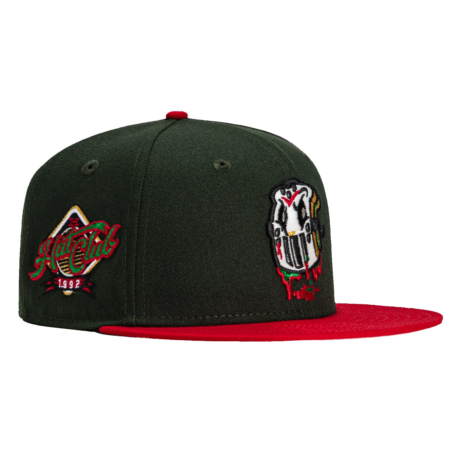 New Era 59Fifty 12 Days of Hatmas PBJ Mask Hat with Club Logo Patch - Green & Red Adjustable Baseball Cap for Christmas Gifts, Sports Fans & Streetwear Fashion