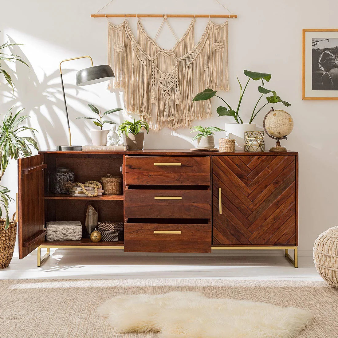 Gfine Solid Acacia Wood Sideboard - 2 Doors & 3 Drawers, 150x40x76cm - Perfect for Living Room Storage & Dining Room Organization