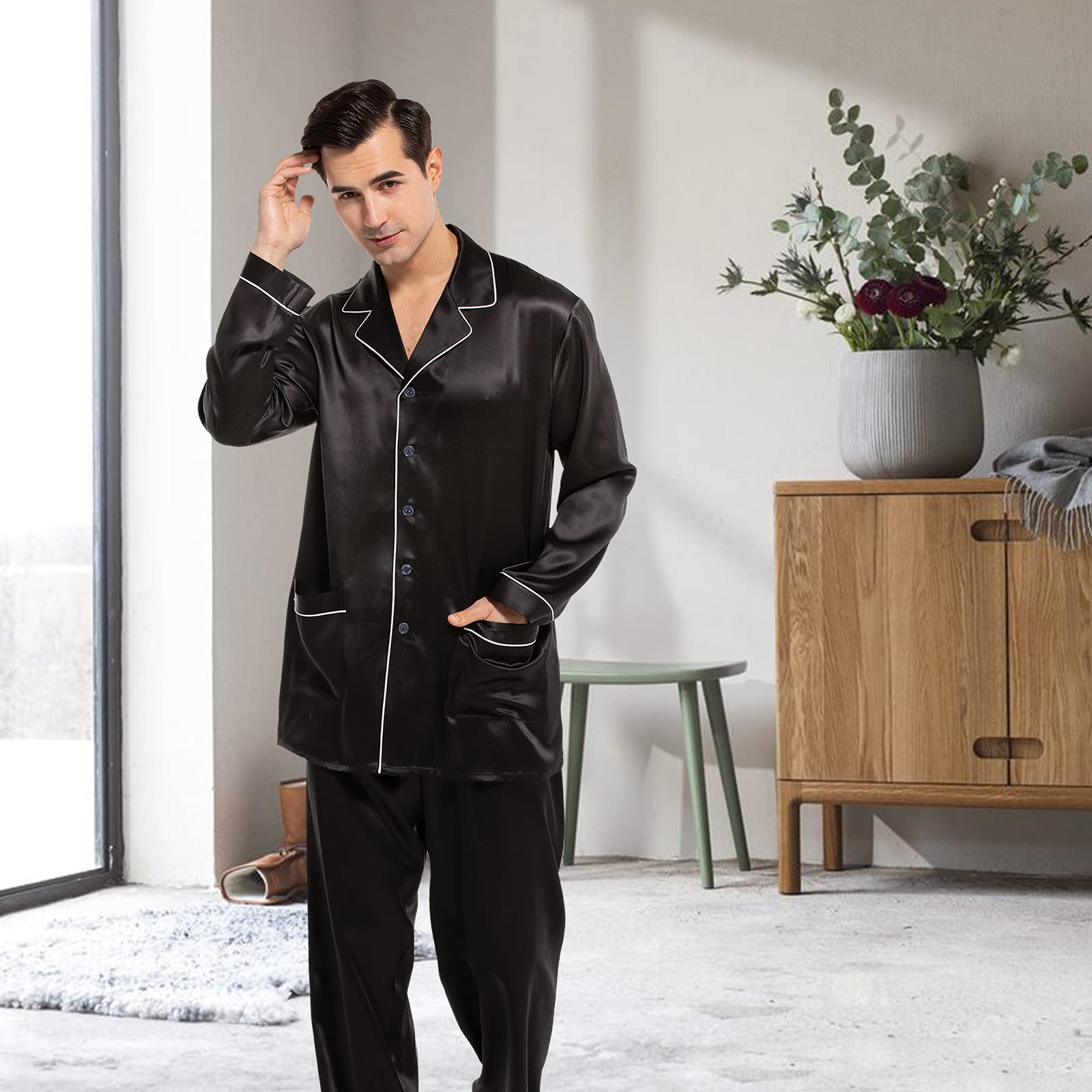 Luxury Men's Silk Pajama Set - 2PC Long Sleeve Button Down Sleepwear for Men | Soft & Breathable Silk PJs for Comfortable Sleep, Lounge & Relaxation at Home