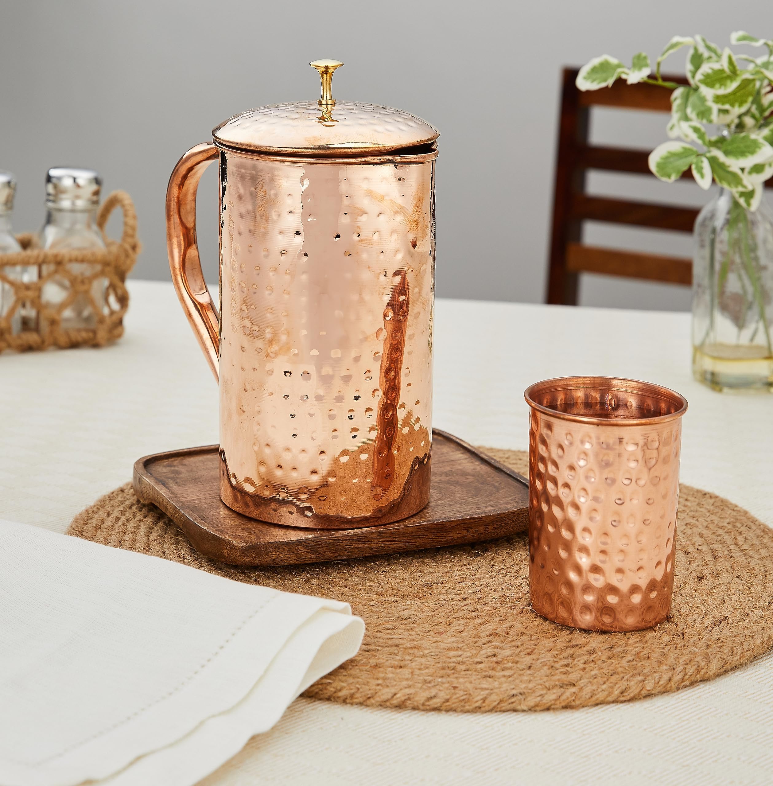 Solimo Hammered Copper Jug with Copper Glass - 1350ml (45.6 oz) - Elegant Water Pitcher for Home, Bar & Party - Perfect for Iced Tea, Lemonade & Cocktails