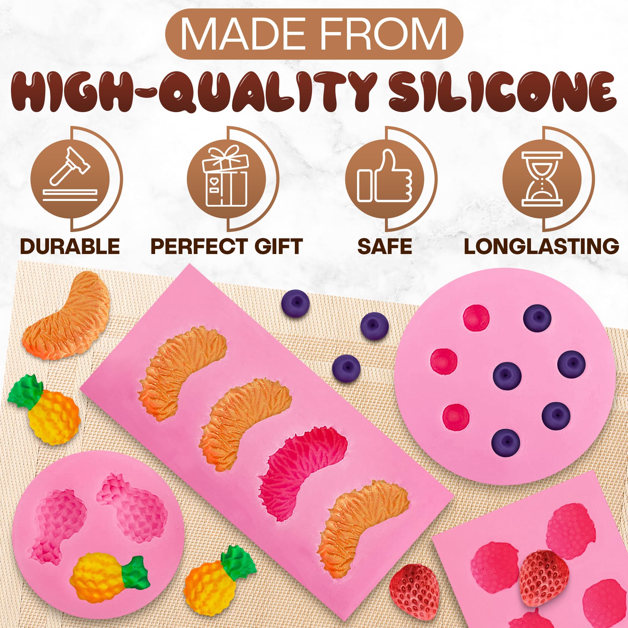 5Pcs Silicone Fruit Snack Molds Set - 3D Pineapple, Strawberry, Orange & Blueberry Shaped Candy Molds for DIY Gummy, Jelly, Chocolate Making - BPA Free Baking Tools for Kids Party, Home Kitchen Decor