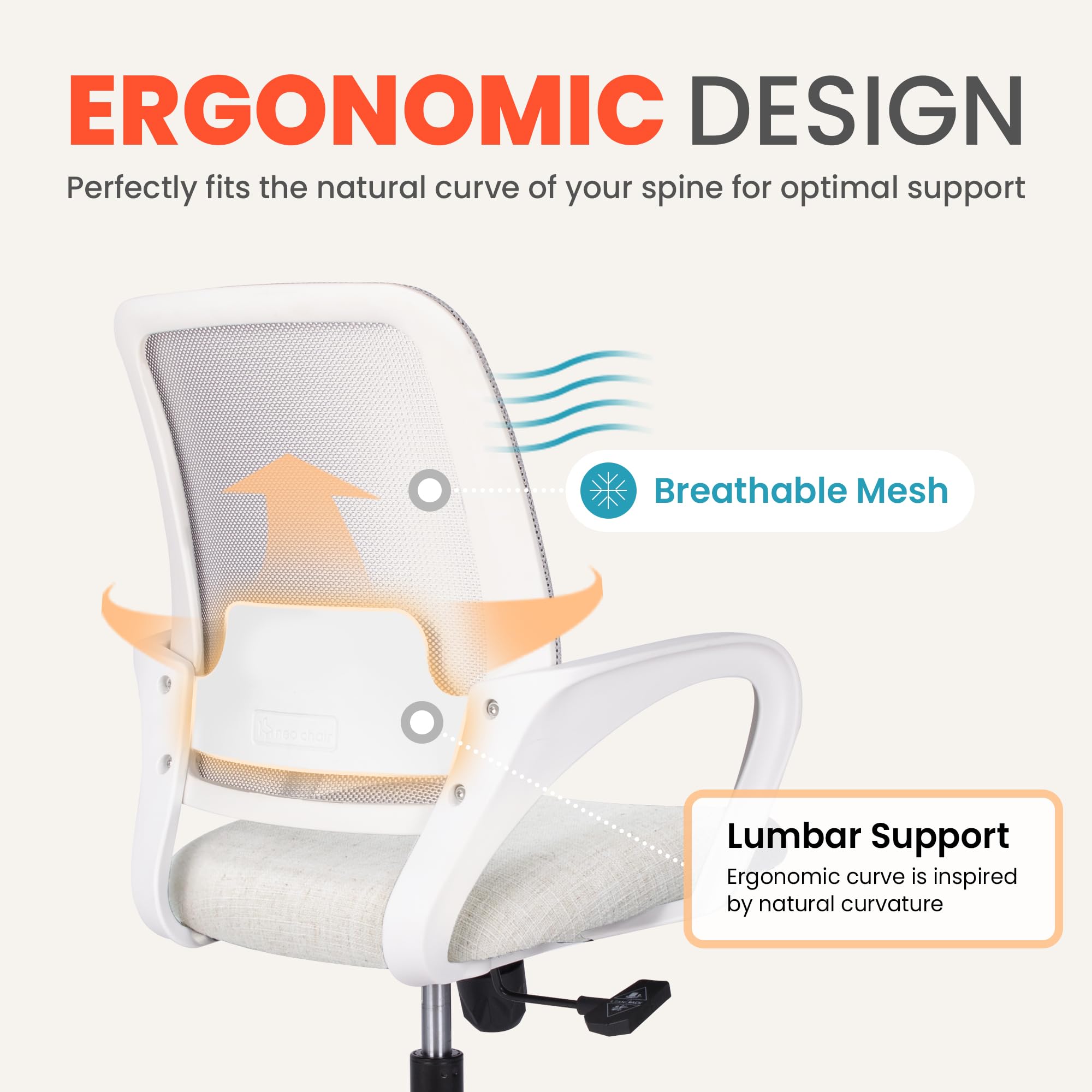Ergonomic Mesh Office Chair with Adjustable Height & Lumbar Support - Modern Swivel Computer Desk Chair with Rolling Wheels for Home Office, Study, Bedroom & Vanity Areas - Comfortable Mid Back Executive Chair (Ivory) - Perfect for Long Work Hours, Gaming & Home Workspaces