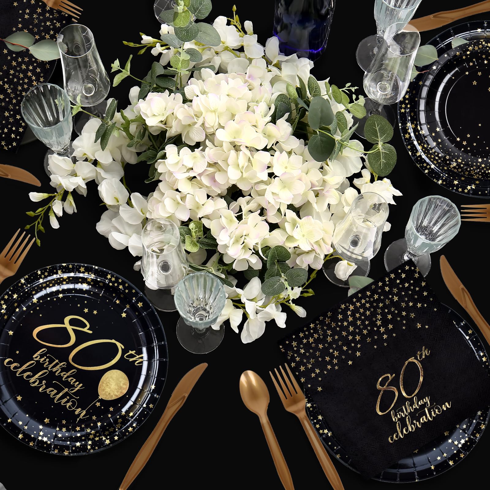 Gatherfun 80th Birthday Party Supplies Set - 25-Pack Disposable Paper Plates, Napkins, Cups, Cutlery & Tablecloth with Black & Gold Balloons & Banner Decorations for Men & Women | Perfect for Milestone Celebrations & Retirement Parties