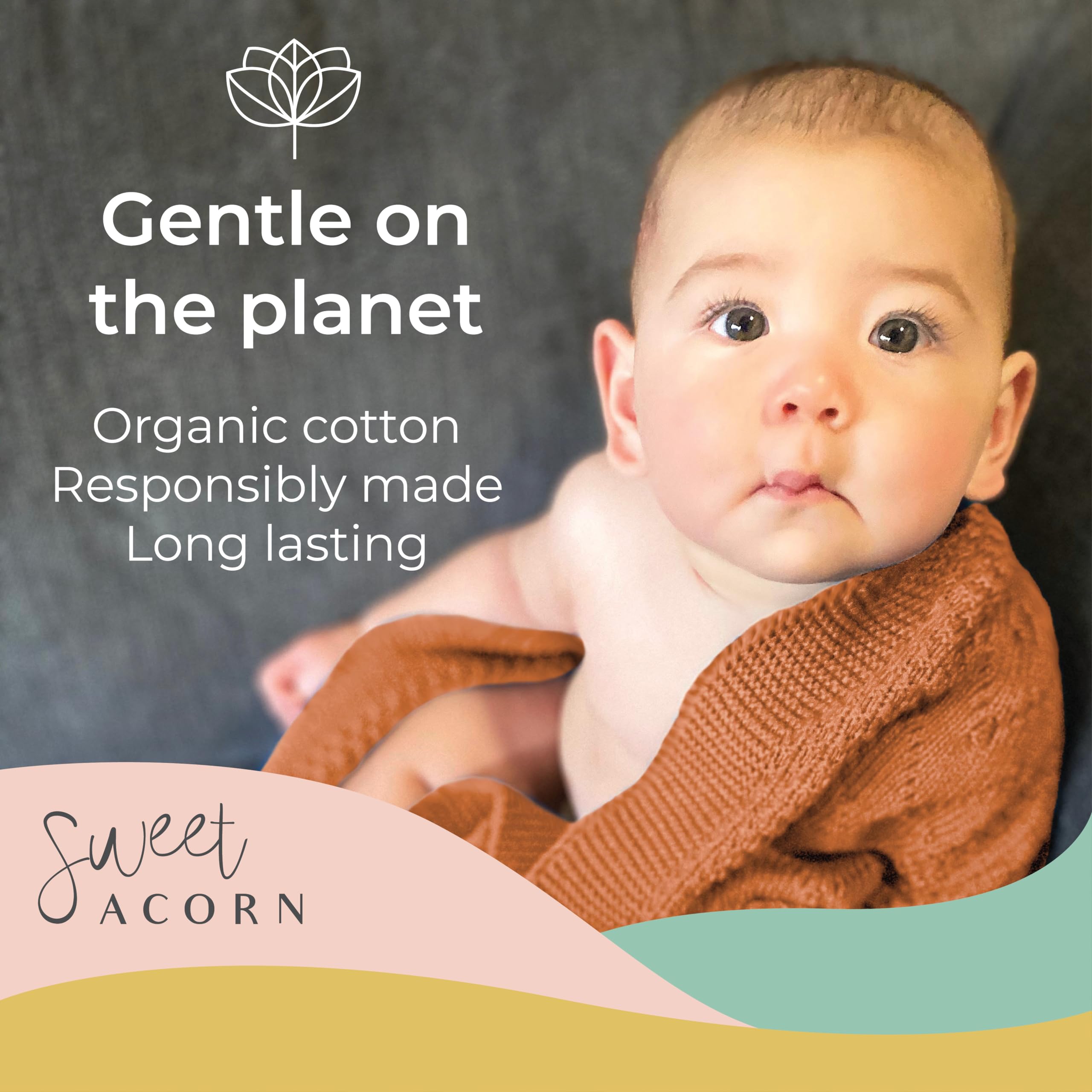 Organic Cotton Sweet Acorn Cable Knit Baby Blanket - Soft Receiving Blanket for Crib, Stroller & Nursery | Sunset Orange | Perfect for Newborn Gifts, Photo Shoots & Cozy Swaddling