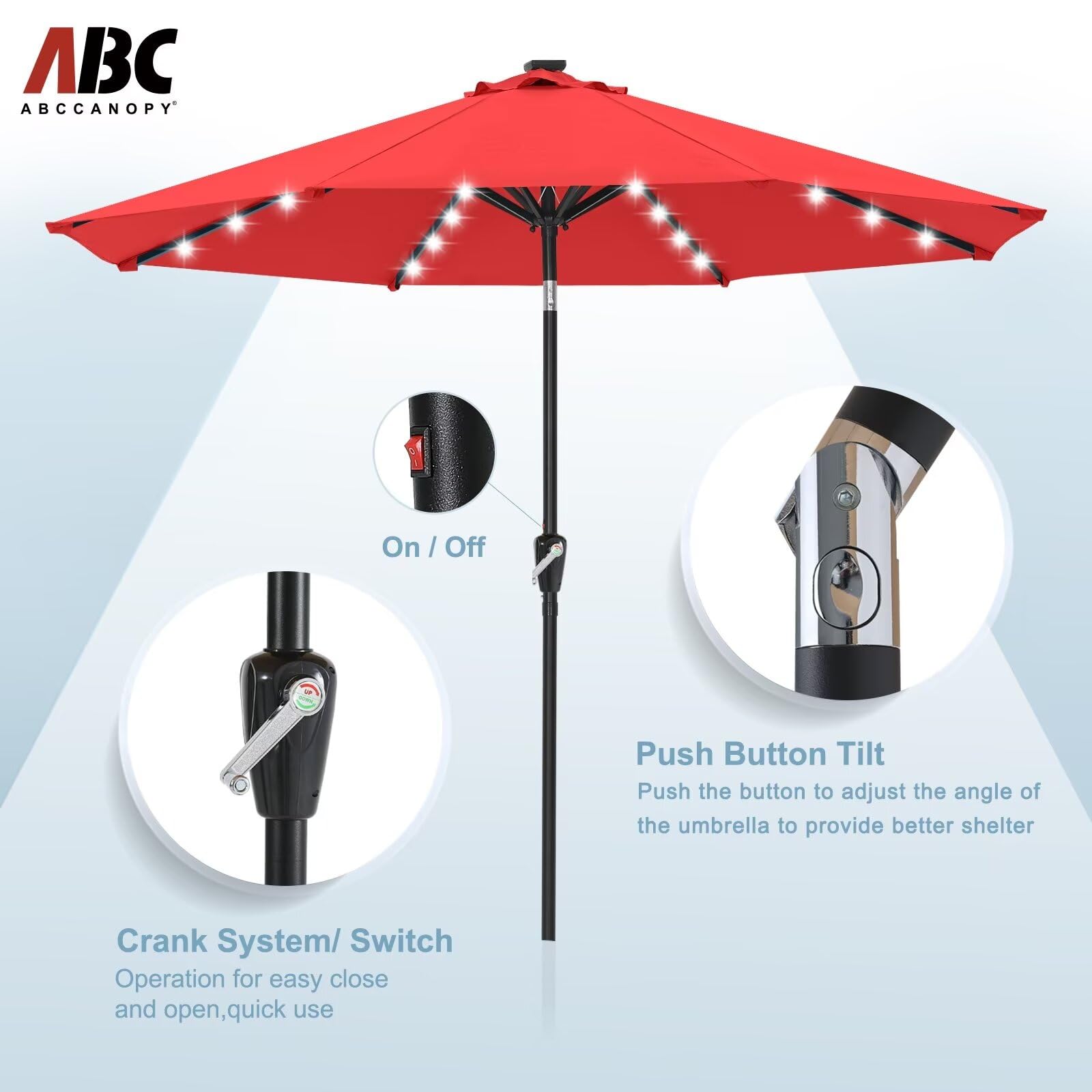 Durable 7.5FT Solar LED Patio Umbrella with 32 LED Lights - Red | Waterproof Outdoor Canopy for Garden, Poolside & Backyard | Perfect for BBQs, Parties & Relaxing