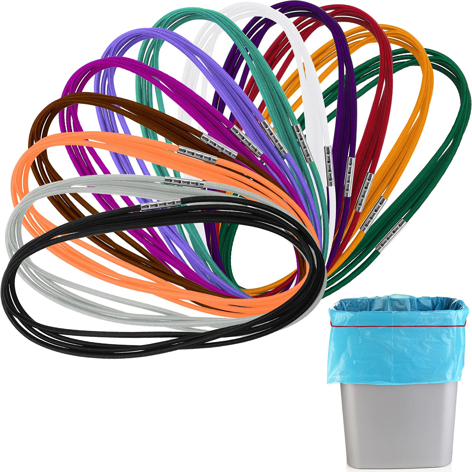Riakrum 12 Pack Colorful Elastic Trash Can Bands for 13-30 Gallon Trash Cans | 3.28 ft Stretchable Garbage Bag Holder | Secure Bags in Kitchen, Office, Outdoor & Commercial Use