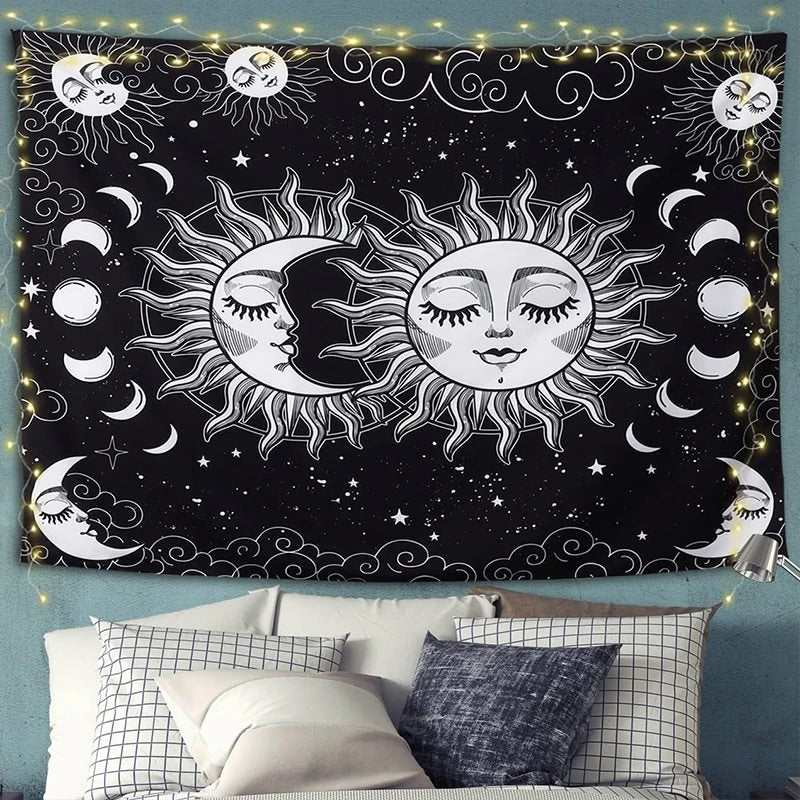 Sun and Moon Night Clouds Tapestry Wall Hanging - Boho Celestial Decor for Bedroom, Living Room, Dorm - Perfect for Meditation Spaces & Hippie Aesthetic