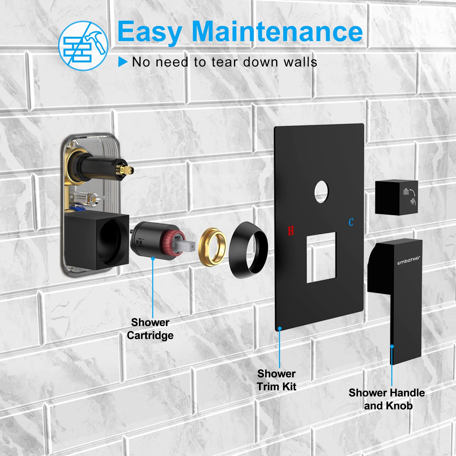 EMBATHER 12 Inch Matte Black Shower System - Square Rainfall Shower Head & Handheld Spray Combo with Wall Mounted Faucet for Bathroom (Includes Rough-in Valve & Trim) - Perfect for Modern Home Spa Experience and Luxury Bathroom Renovation