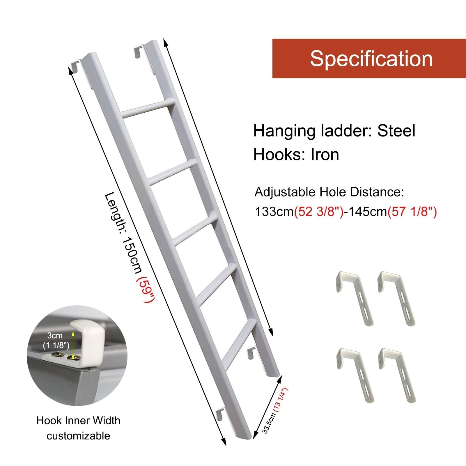 White Bunk Bed Ladder for Dorm Room Loft - Heavy Duty 440 Lbs Capacity Space Saving Replacement Ladder with Hook Retainer - 59 Inch Twin Bunk Bed Accessory for Kids & Adults - Perfect for College Dorms, Tiny Homes & Small Bedrooms