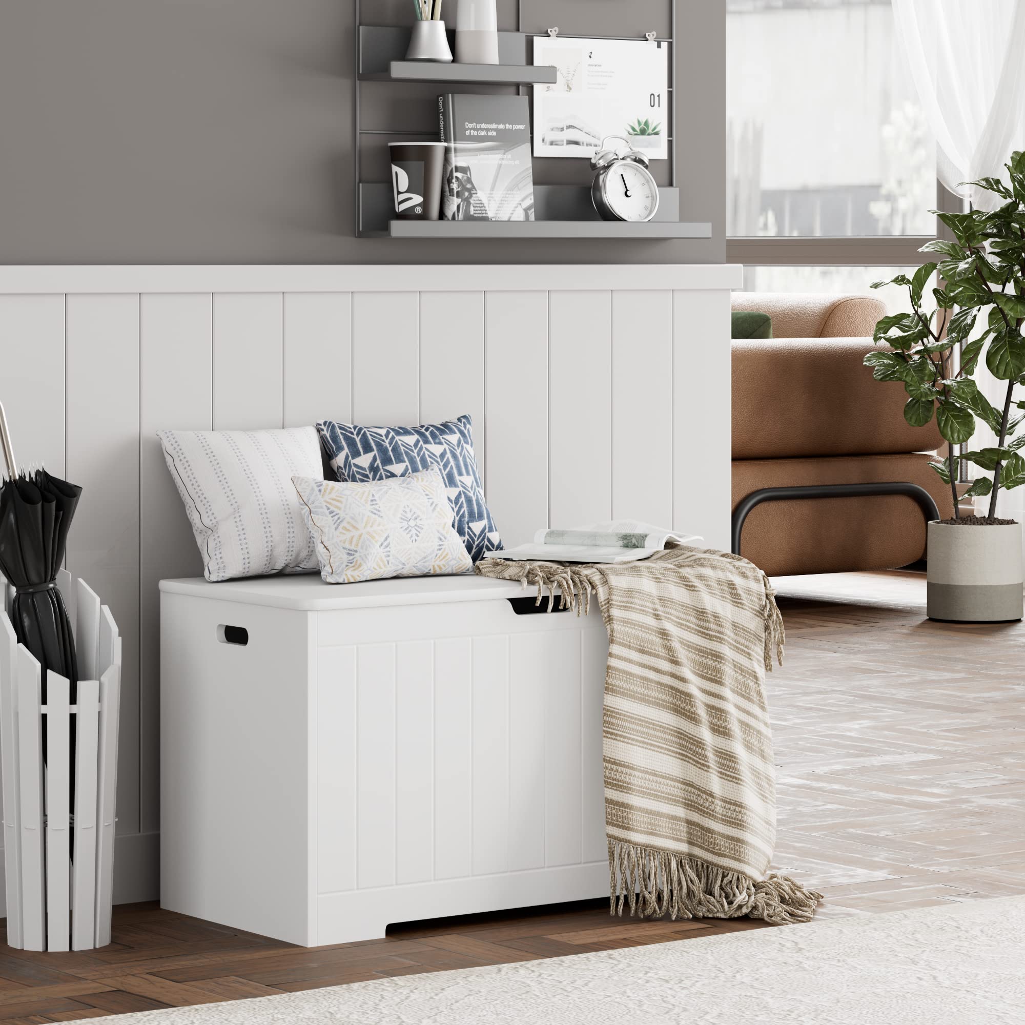 Wooden Toy Storage Chest with Safety Hinge Lid - White Organizer Bench for Kids' Playroom, Nursery & Living Room - Perfect for Storing Toys, Blankets & Home Decor