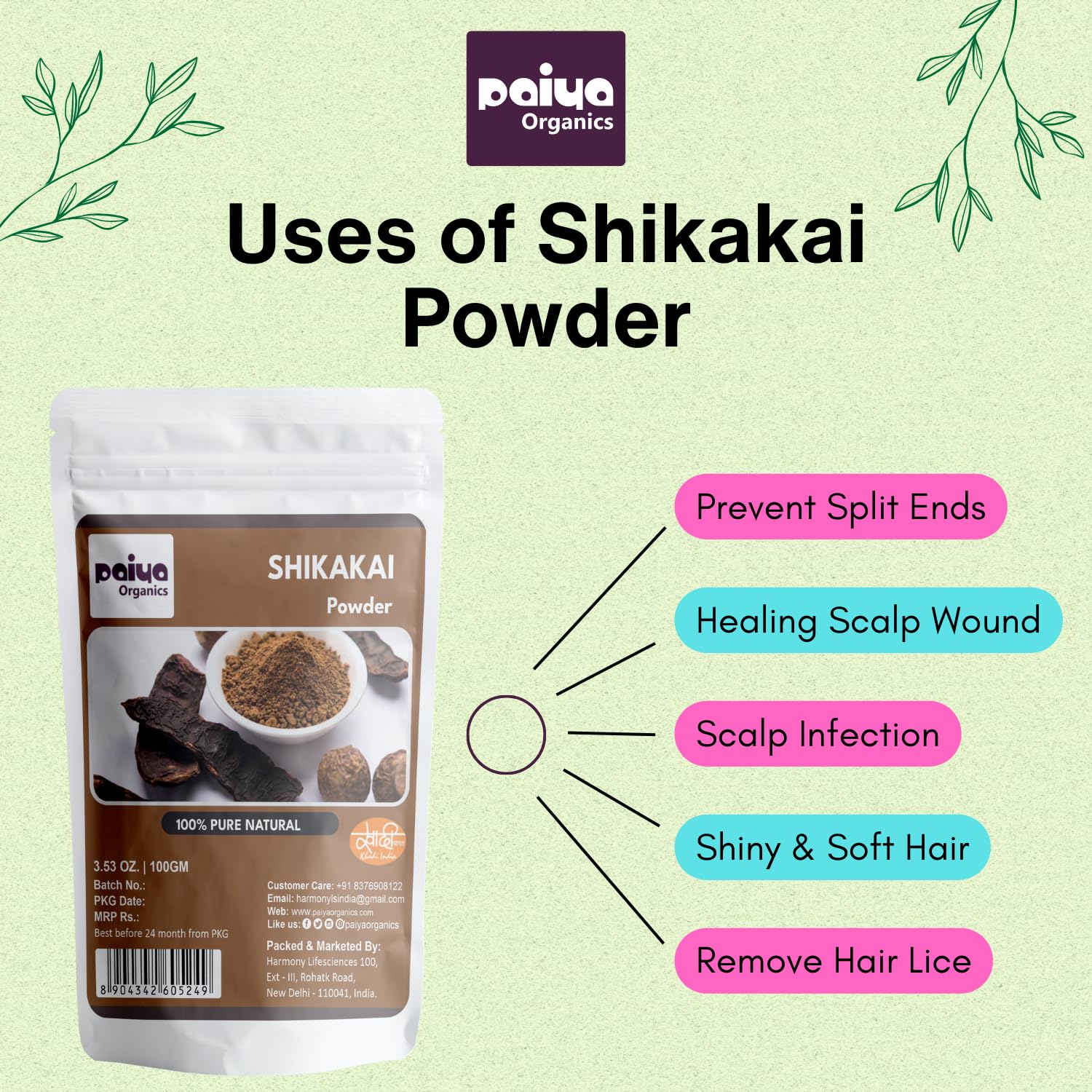 Paiya Organics 100% Pure Natural Shikakai Powder for Hair Growth - 100GM Acacia Concina Hair Cleanser & Conditioner | Ayurvedic Treatment for Strong, Shiny Hair | Perfect for Natural Hair Care Routine & DIY Beauty Treatments