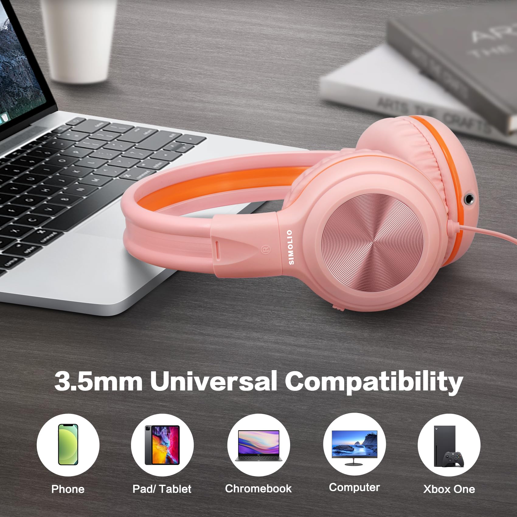 SIMOLIO Kids Wired Headphones with Microphone - Volume Limited (85dB/94dB/104dB) Foldable Lightweight Headset with Share Port & Carrying Bag for School, Travel, Home Use - Compatible with Cellphones, Tablets, Laptops & PCs