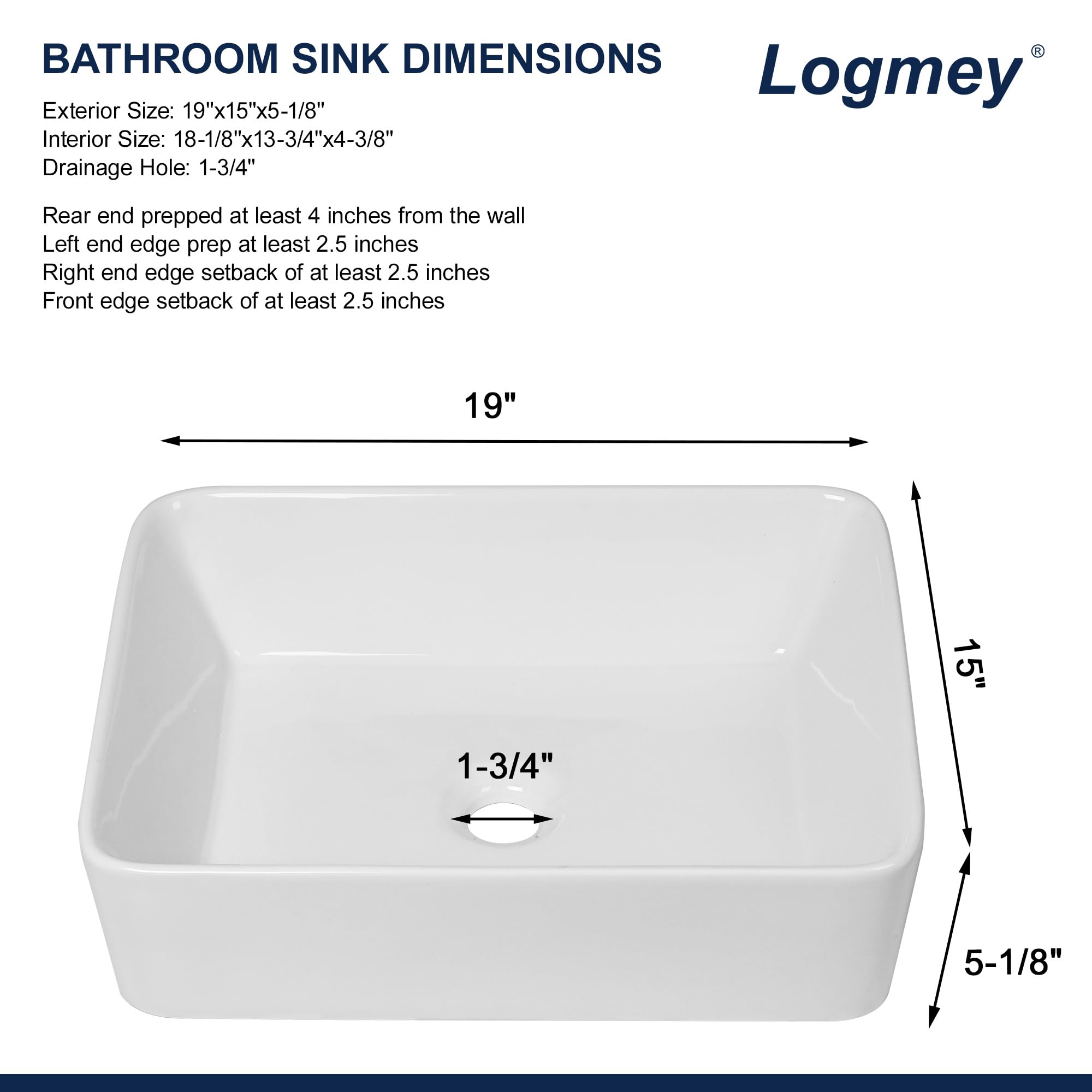 Logmey 19 Inch White Porcelain Bathroom Vessel Sink - Modern Rectangular Ceramic Countertop Basin (19x15 Inch) for Vanity, Powder Room & Master Bath | Above Counter Installation