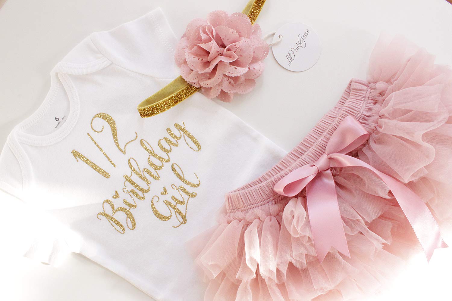 LilPinkGoose Baby Girl Half Birthday Outfit Set - Gold Glitter Dusty Rose Bodysuit with Tutu & Bloomers (3PCS) | Perfect for 1/2 Year Photo Shoots, Birthday Parties & Special Occasions