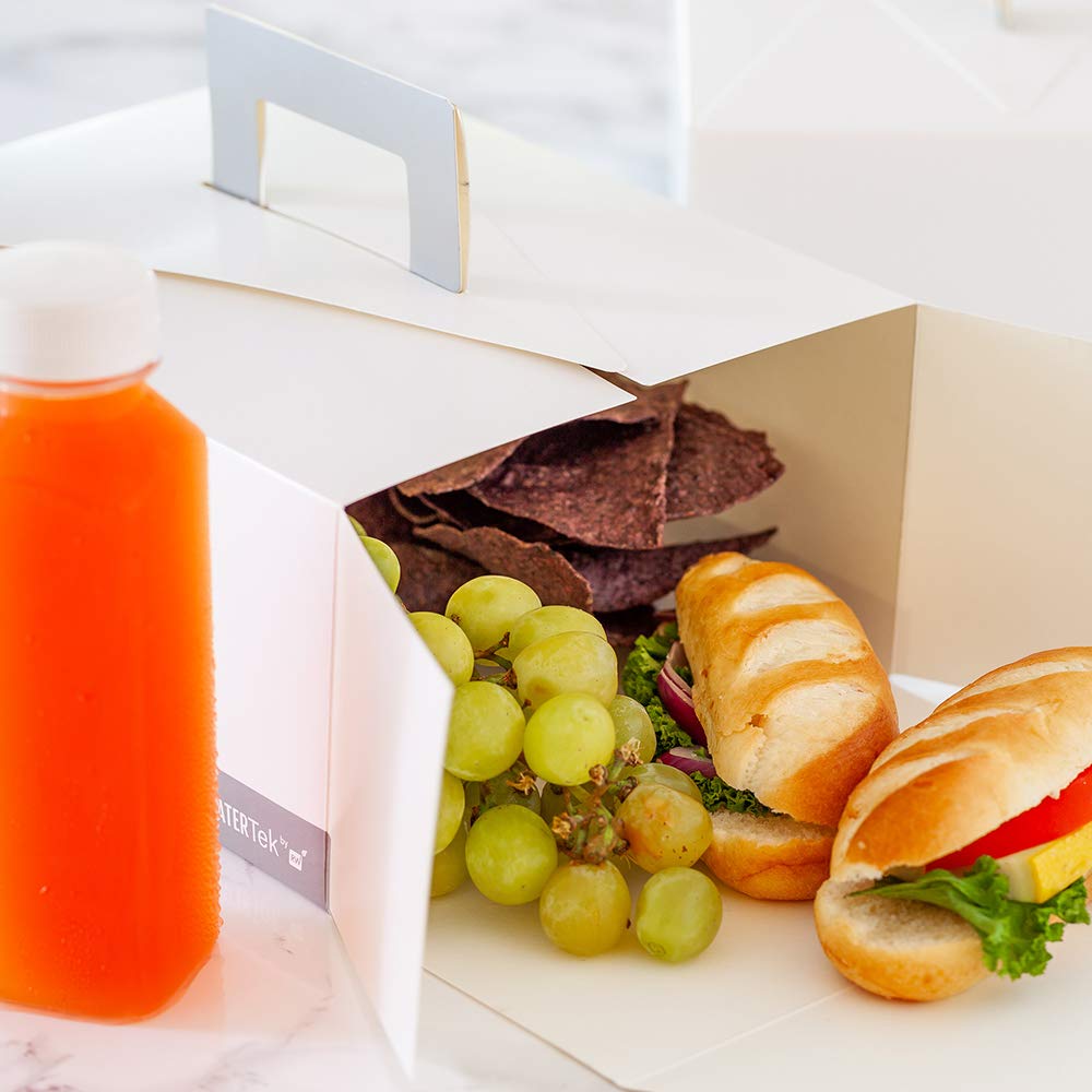 Restaurantware Cater Tek 9 x 7 x 3 Inch Food Boxes - 100 Grease-Resistant Takeout Containers with Handle | Recyclable White & Gray Paper To-Go Boxes for Meals, Snacks, Baked Goods | Perfect for Restaurants, Catering, Food Trucks & Home Meal Prep