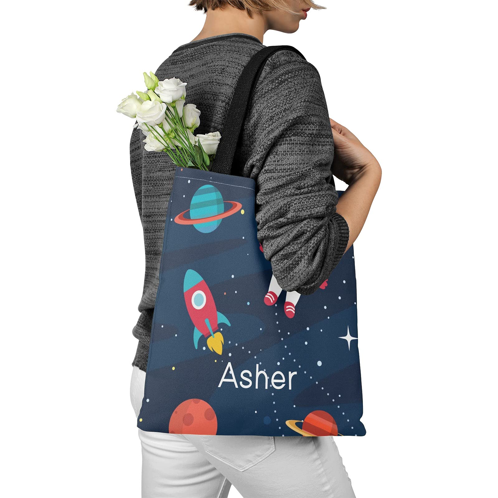 NASA Astronaut Space Rocket Personalized Canvas Tote Bag - Eco-Friendly Reusable Shopping Bag for Women & Men, Travel, School, Work (14.17x14.57 Inch) - Perfect Gift for Space Lovers & Sci-Fi Fans