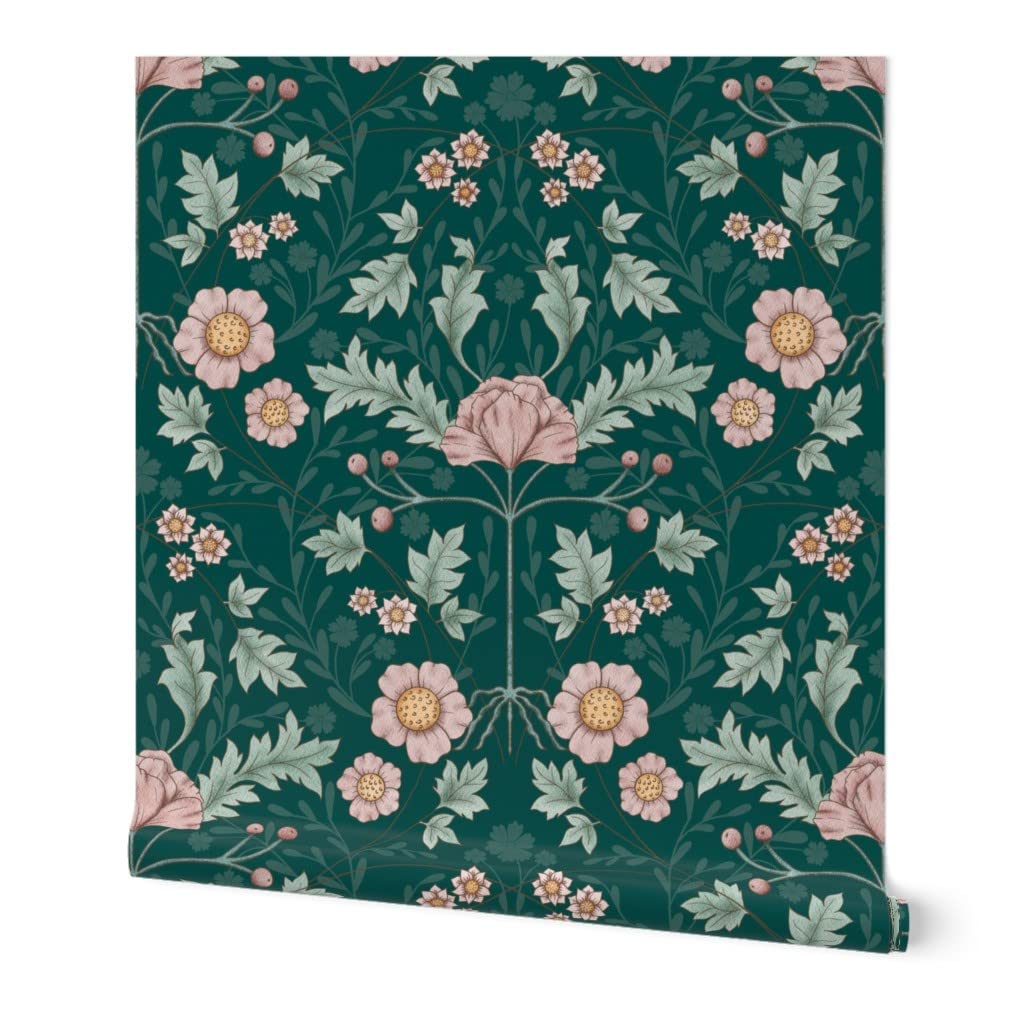 Commercial Grade Vintage Floral Teal Wallpaper Swatch - Art Deco Leaf Climbing Vines Nature Nouveau Traditional Design by Spoonflower | Perfect for Living Room, Bedroom & Office Decor