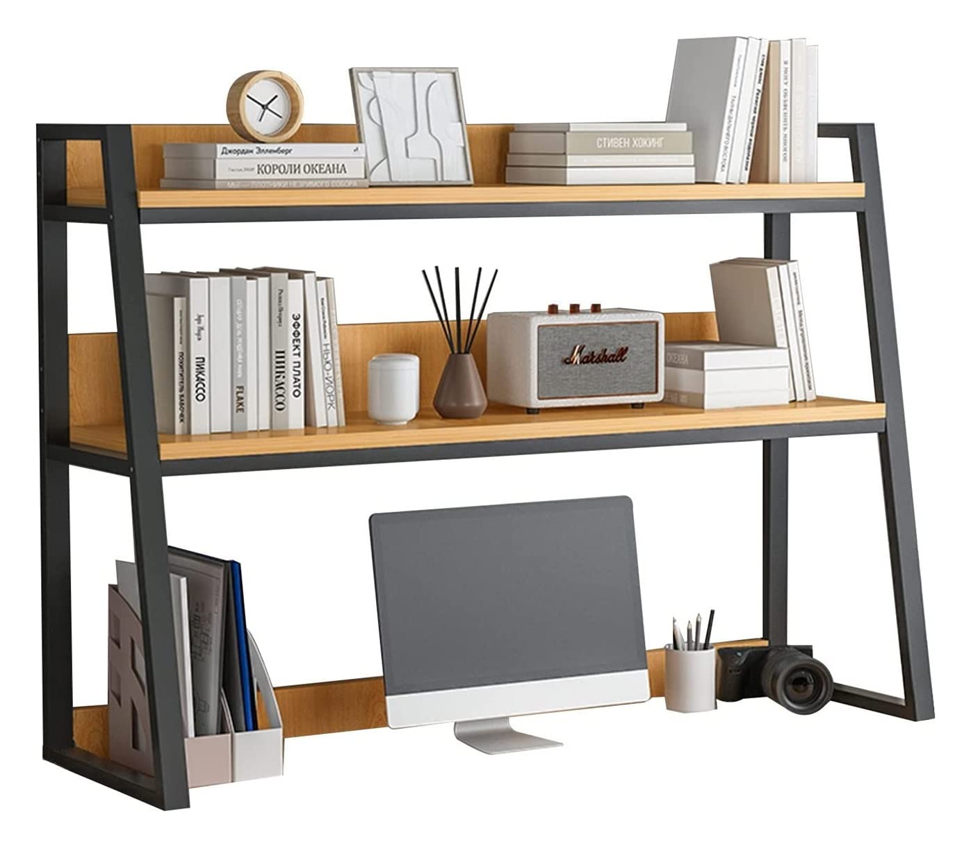 2 Tier Industrial Ladder Bookshelf - Freestanding Storage Rack for Office, Home & Kitchen - 45 Inch Height (115cm) - Perfect for Organizing Books, Decor & Kitchen Supplies