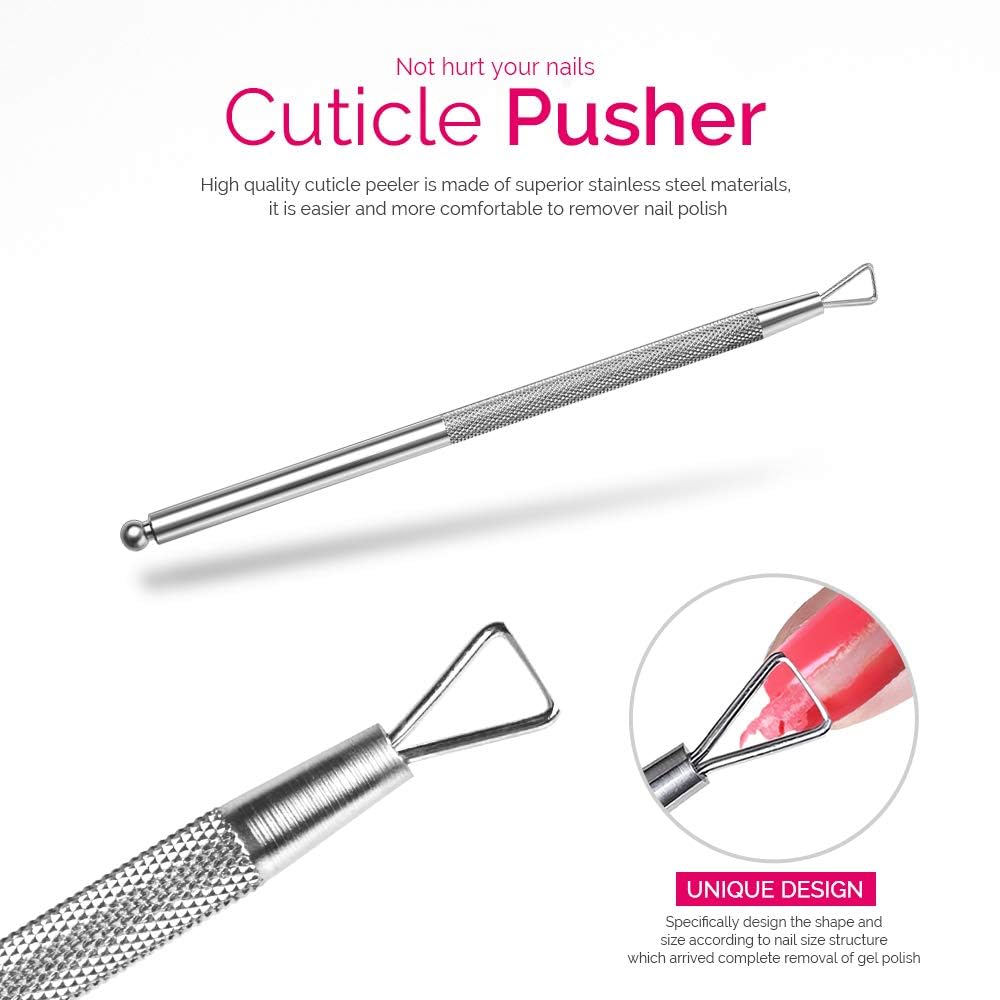 Professional Gel Nail Remover Kit with 100 Cotton Pads, Cuticle Tools, Nail Files & Buffers – Pink Polish Remover Clips, Scraper & Brush for Salon & Home Manicures