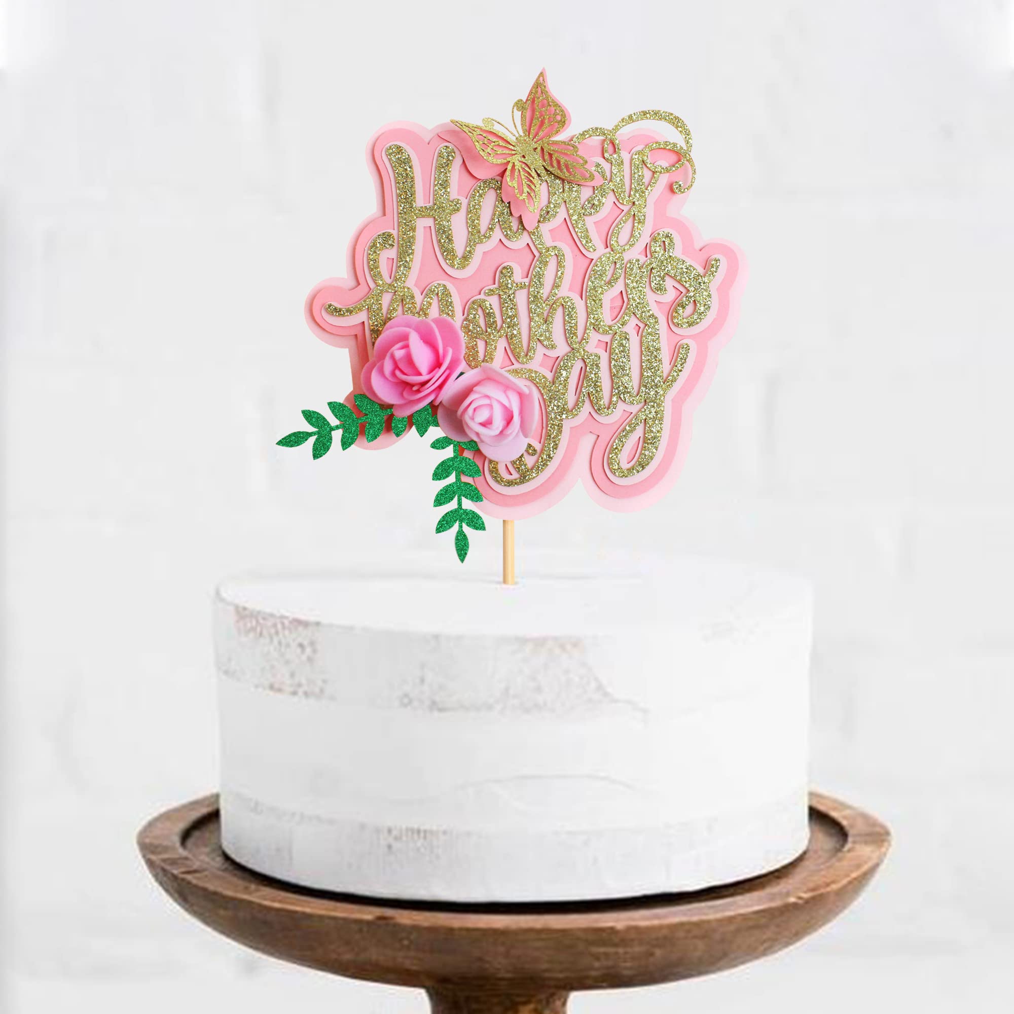 Gold Glitter Happy Mother's Day Cake Topper - Elegant Mom Letter Cake Decoration with Butterfly & Flower Design for Birthday Party, Wedding, Baby Shower & Special Celebrations
