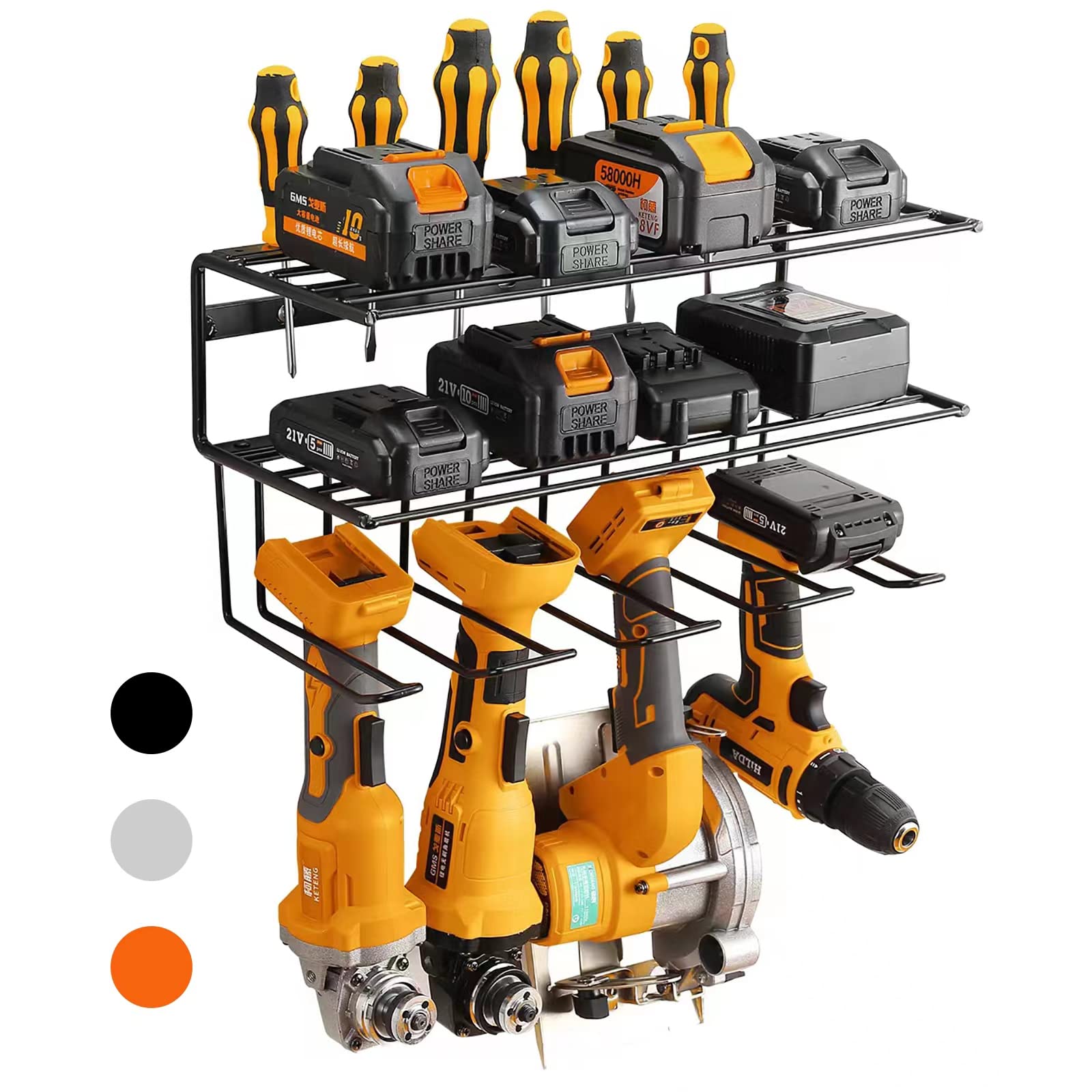 YueTong Heavy Duty Wall Mount Tool Organizer with Shelf - Power Tool Storage Rack for Garage Organization, Drill Holder & Workshop Accessories - Perfect for DIY Projects & Professional Workspace Setup (Black)