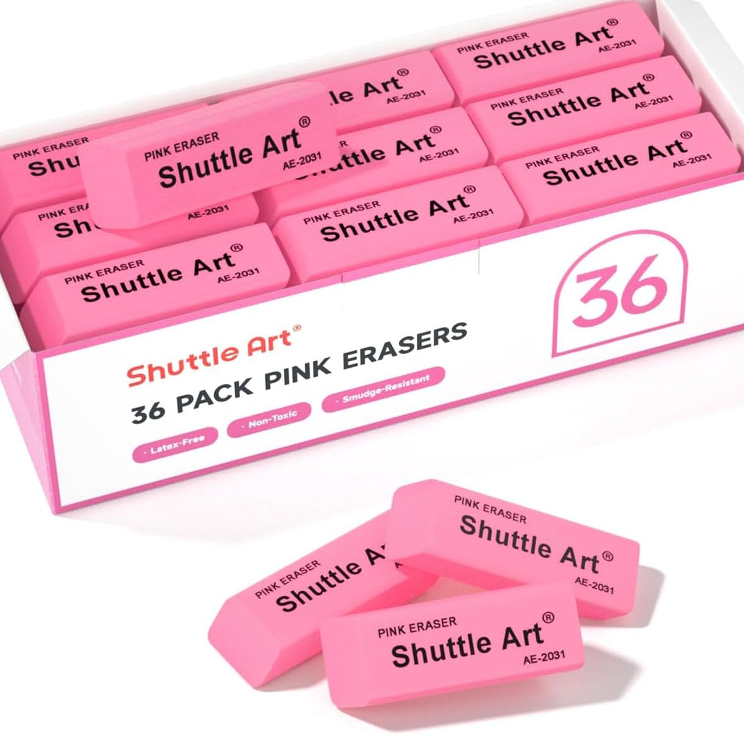 Shuttle Art 36 Pack Pink Erasers - Latex-Free, No Smudge Soft Erasers for Kids, Teachers & Homeschooling - Perfect for School Supplies, Art Classes & Office Use
