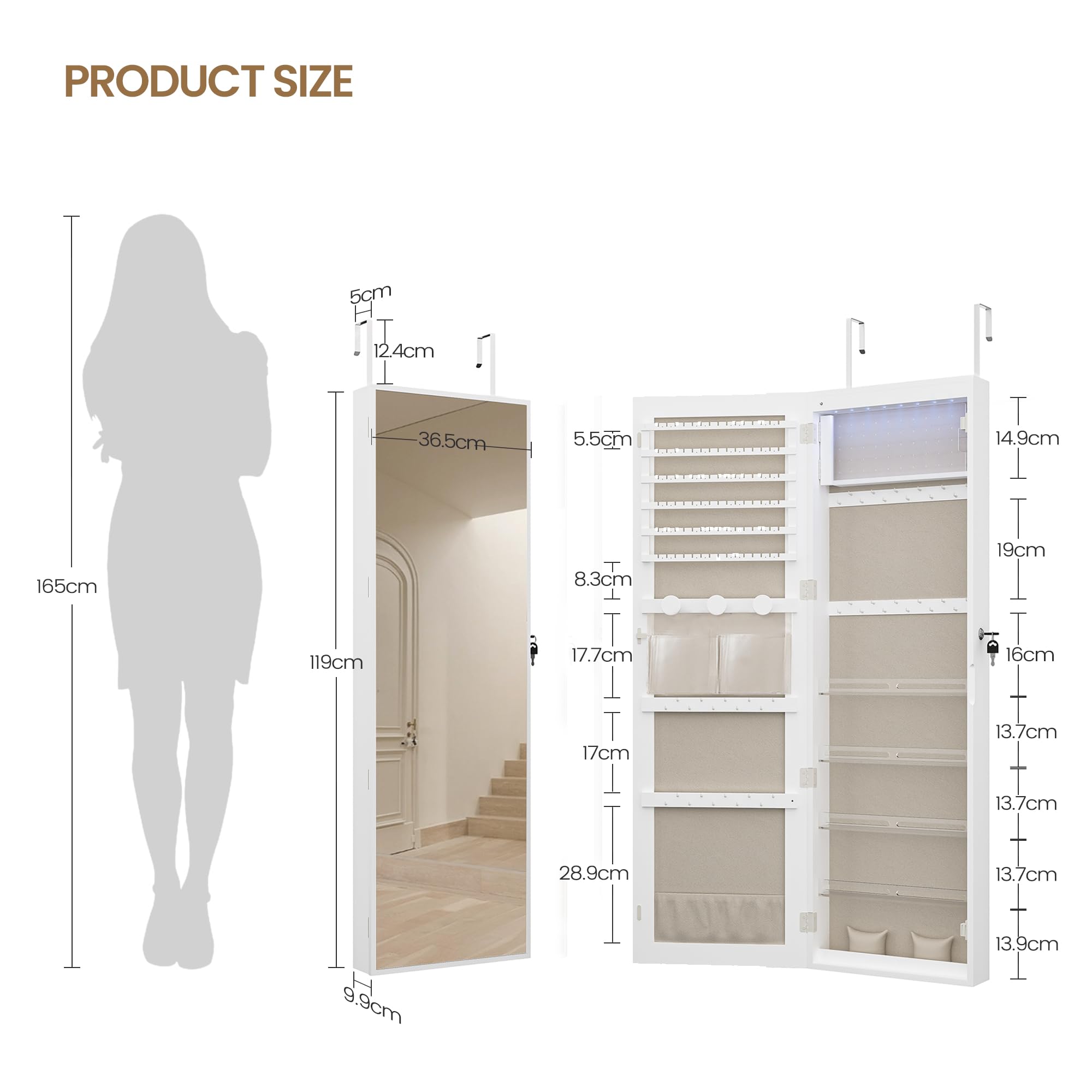 8 LED Lighted Mirror Jewelry Armoire Organizer - 47.2 Inch Wall/Door Mount Lockable Storage Cabinet with 6 Earrings Shelves & 2 Makeup Pockets (White/Beige) - Perfect for Bedroom, Closet & Dressing Room Organization