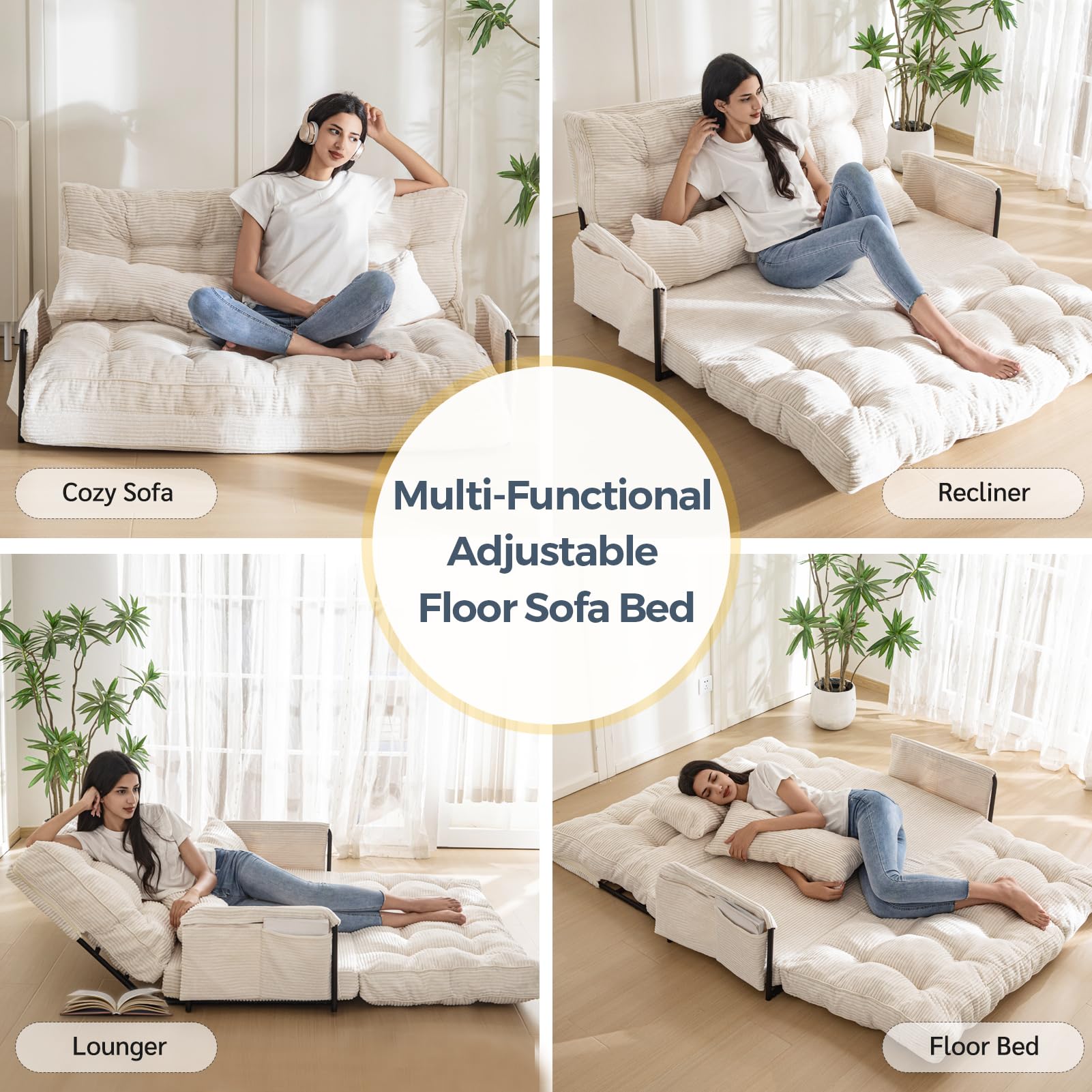 MAXYOYO Adjustable Floor Sofa Bed with 2 Pillows - Multi Functional Bean Bag Sleeper with Armrest for Reading, Gaming & Relaxing - Comfortable Beige Lounger for Living Room, Bedroom & Dorm