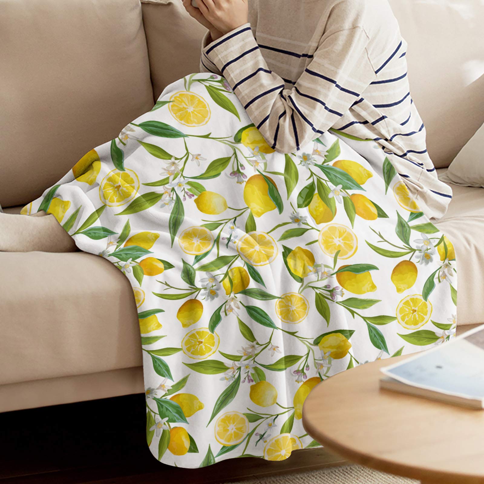 Greeeen Plush Fleece Throw Blanket - Ultra Soft & Warm Reversible Blanket for Bed, Couch, Sofa - 49x79 Inch Cozy Lemon Decor - Perfect for Home, Office & Travel