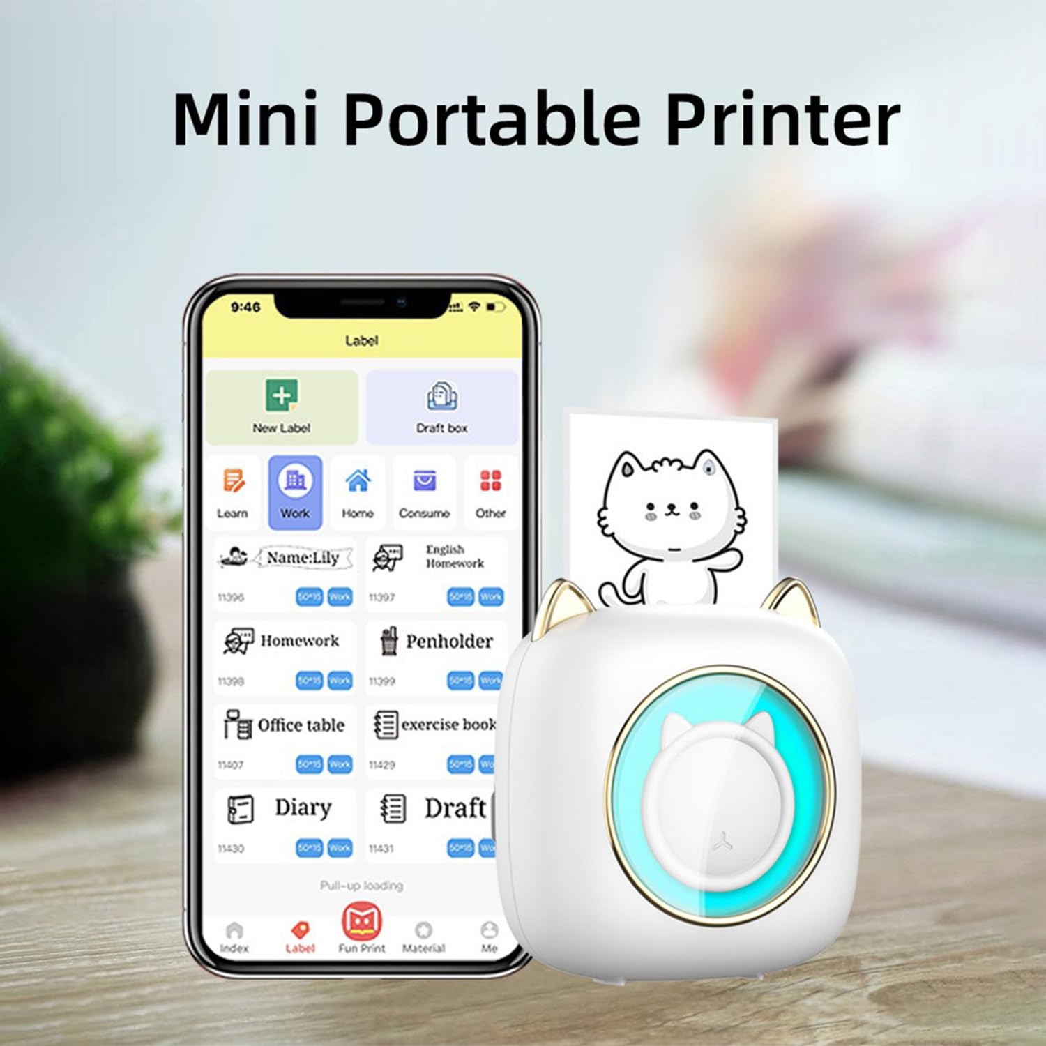 Supfoto Mini Thermal Label Printer with LED Light - Portable Sticker Maker for iOS & Android - Print Study Notes, Photos & DIY Stickers - Perfect for Christmas Gifts, Birthday Presents & School Projects (White)