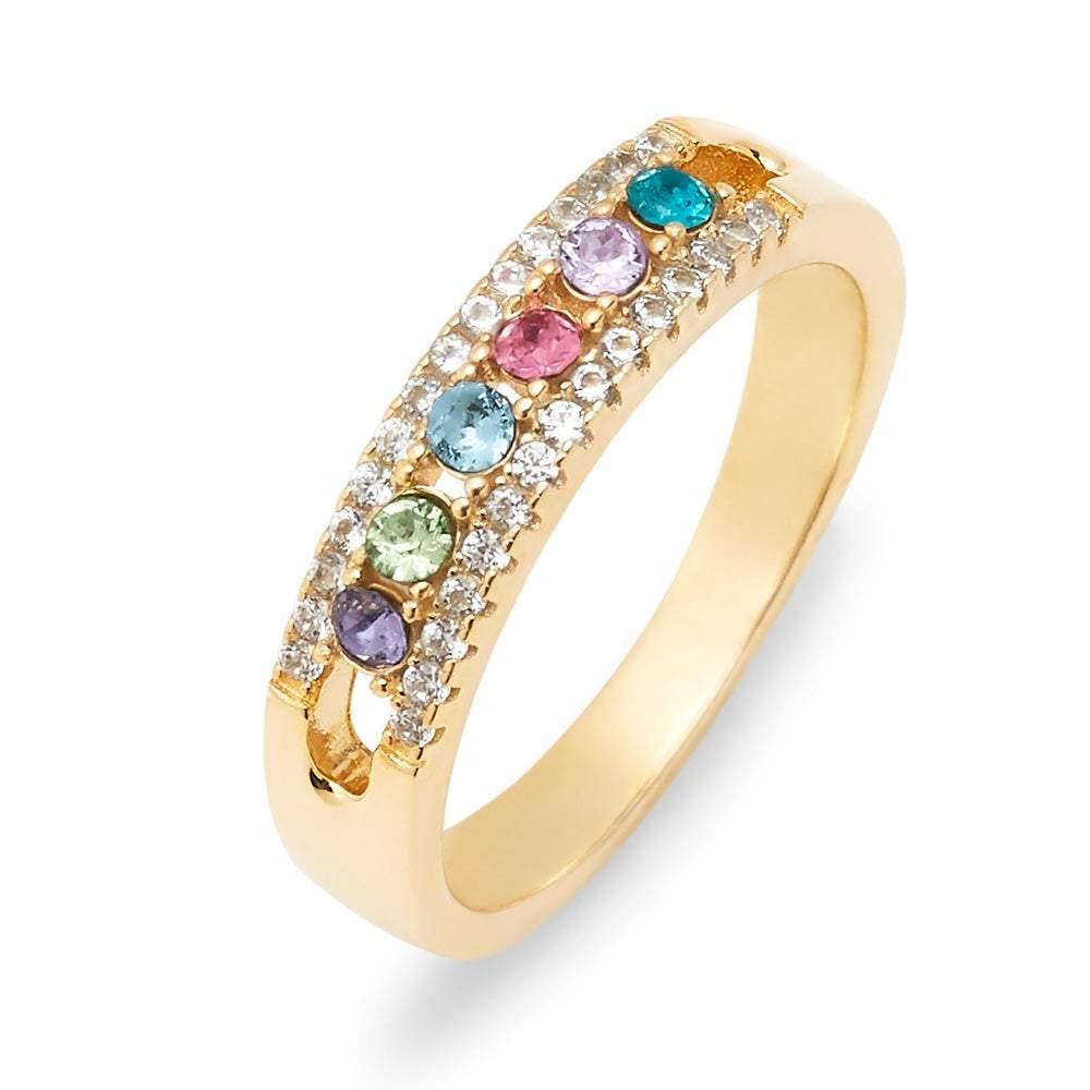 EVE'S ADDICTION Engravable Gold 6 Stone CZ Birthstone Ring - Personalized Gift for Mom, Mother's Day, Birthday, Anniversary | Elegant Jewelry for Women, Perfect for Special Occasions & Everyday Wear
