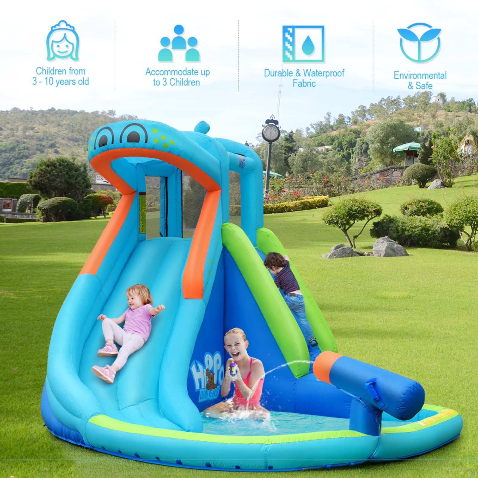 BOUNTECH Inflatable Water Slide for Kids & Adults - Hippo Themed Backyard Water Park with Long Slide & Splash Pool - Outdoor Summer Party Toy for Toddlers, Children, Family Gatherings, Birthday Gifts - Perfect for Backyard Fun, Pool Parties, Summer Celebrations and Outdoor Water Play