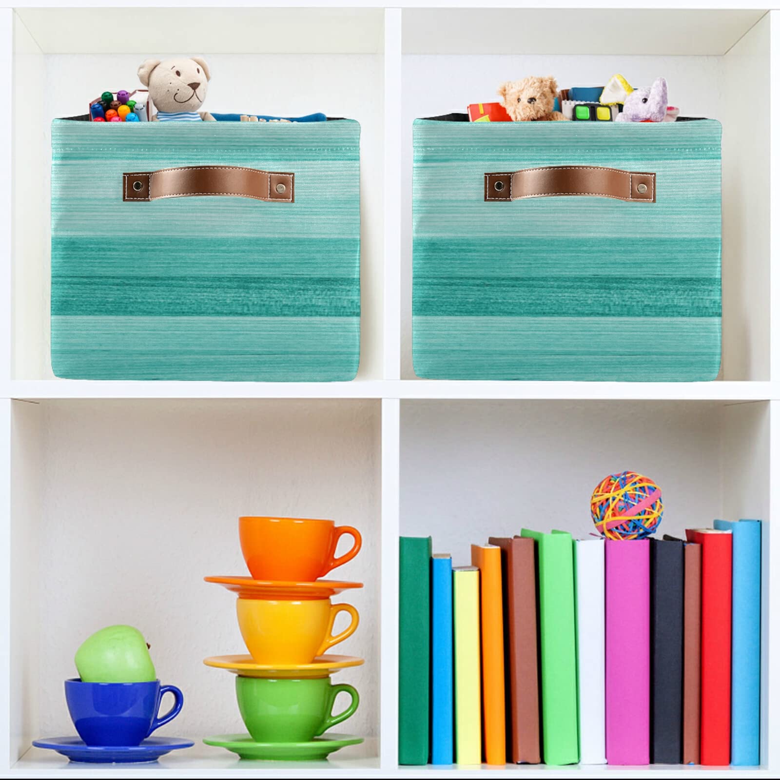 Teal Mint Green Wood Storage Baskets with Handles - Large Collapsible Storage Bins for Shelves, Closet, Bedroom & Living Room (2-Pack) | Perfect for Organizing Toys, Blankets & Home Decor