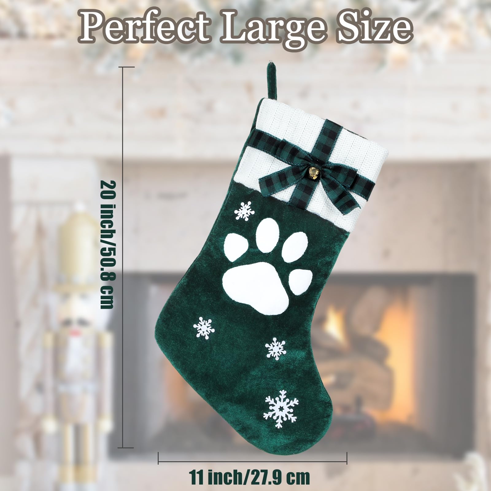 HMASYO 20 Inch Green Velvet Personalized Pet Christmas Stocking - Embroidered Paw Design with Bow & Knitted Cuff for Dogs & Cats | Perfect for Family Holiday Decor, Fireplace Mantel & Gift Exchange