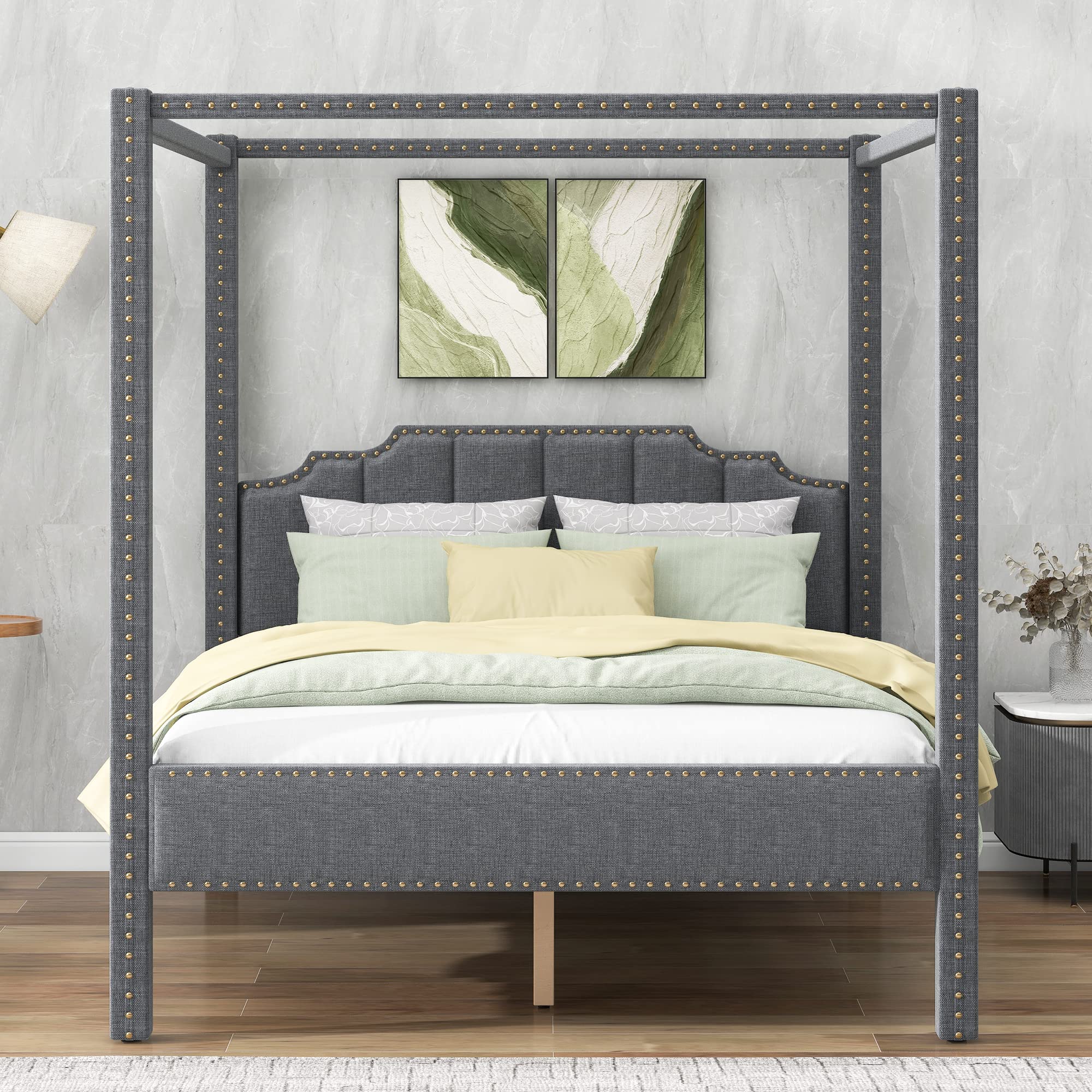 Queen Size Upholstered Canopy Bed Frame with Headboard & Wooden Support Legs - No Box Spring Needed, Gray Luxury Bedroom Furniture for Master Suite Decor | Perfect for Romantic Bedrooms & Guest Room Elegance